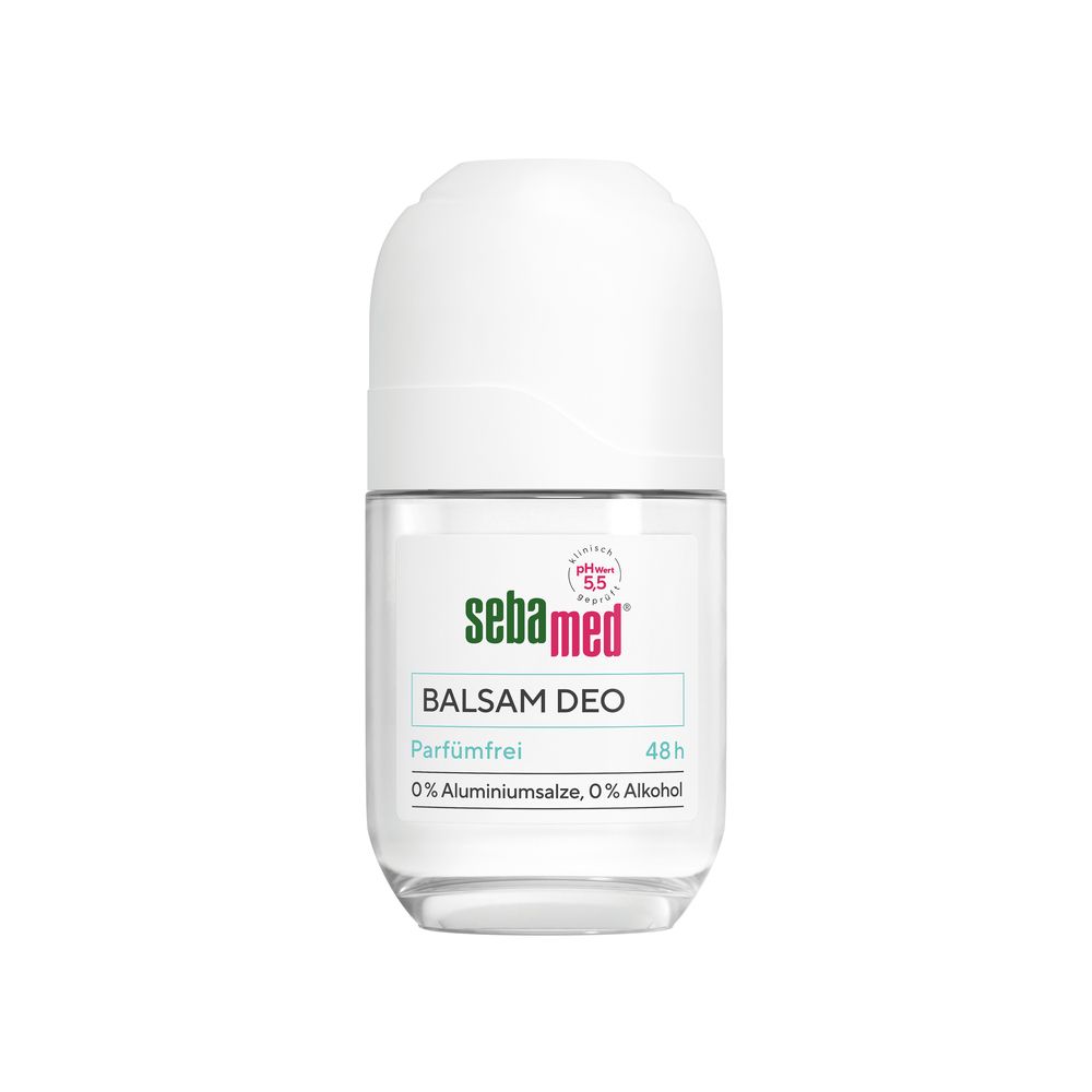 Roll-on-Deo mit weißem Deckel und transparentem Behälter. Aufschrift: Sebamed Balsam Deo, parfümfrei, 48h, 0% Aluminiumsalze, 0% Alkohol.