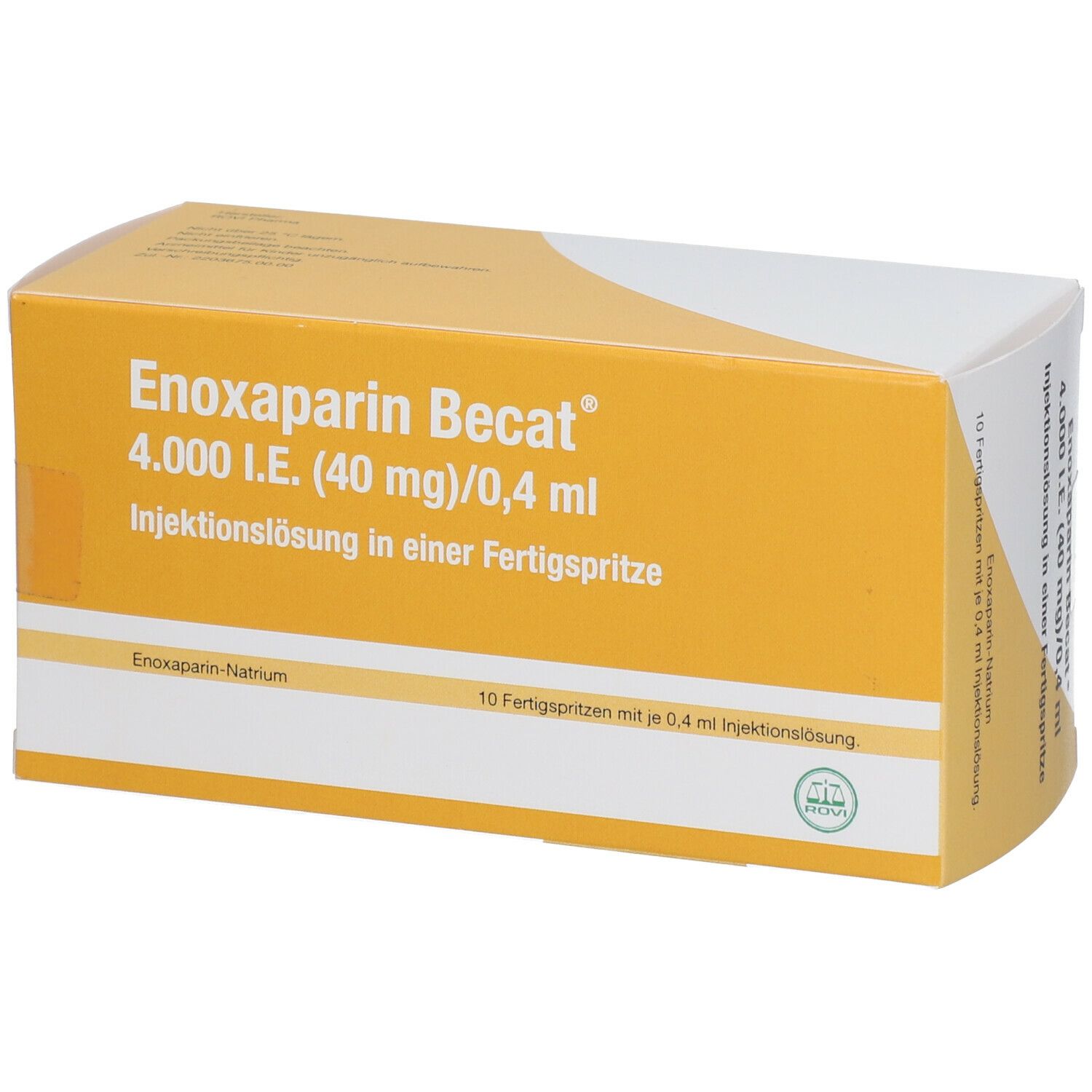 Verpackung von Enoxaparin Becat. Gelbe Schachtel mit Produktinformationen und Logo. Enthält 10 Fertigspritzen.