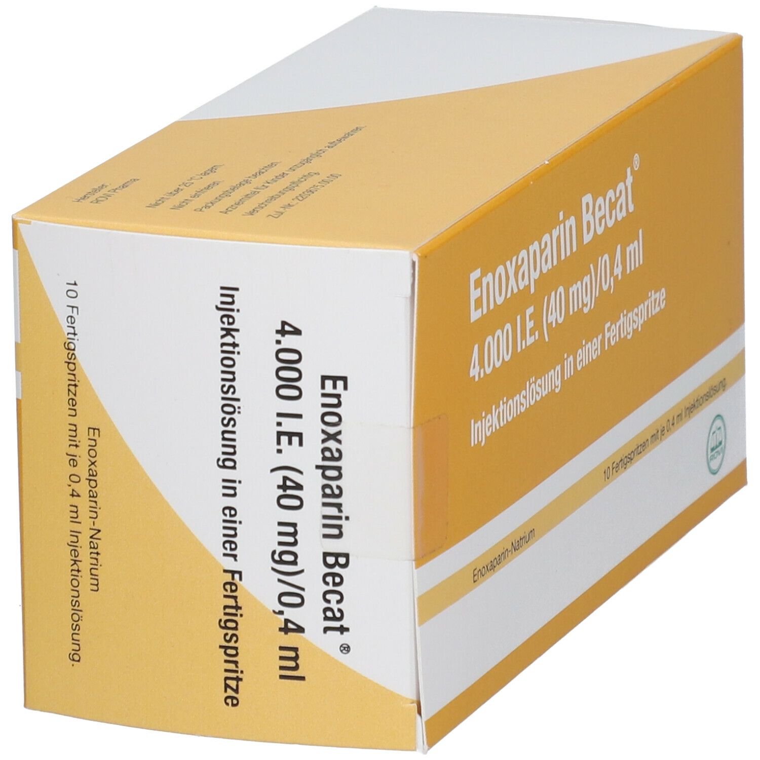 Schachtel Enoxaparin Becat, gelb-weiß. Produktname und Informationen auf der Verpackung. Enthält 10 Fertigspritzen.
