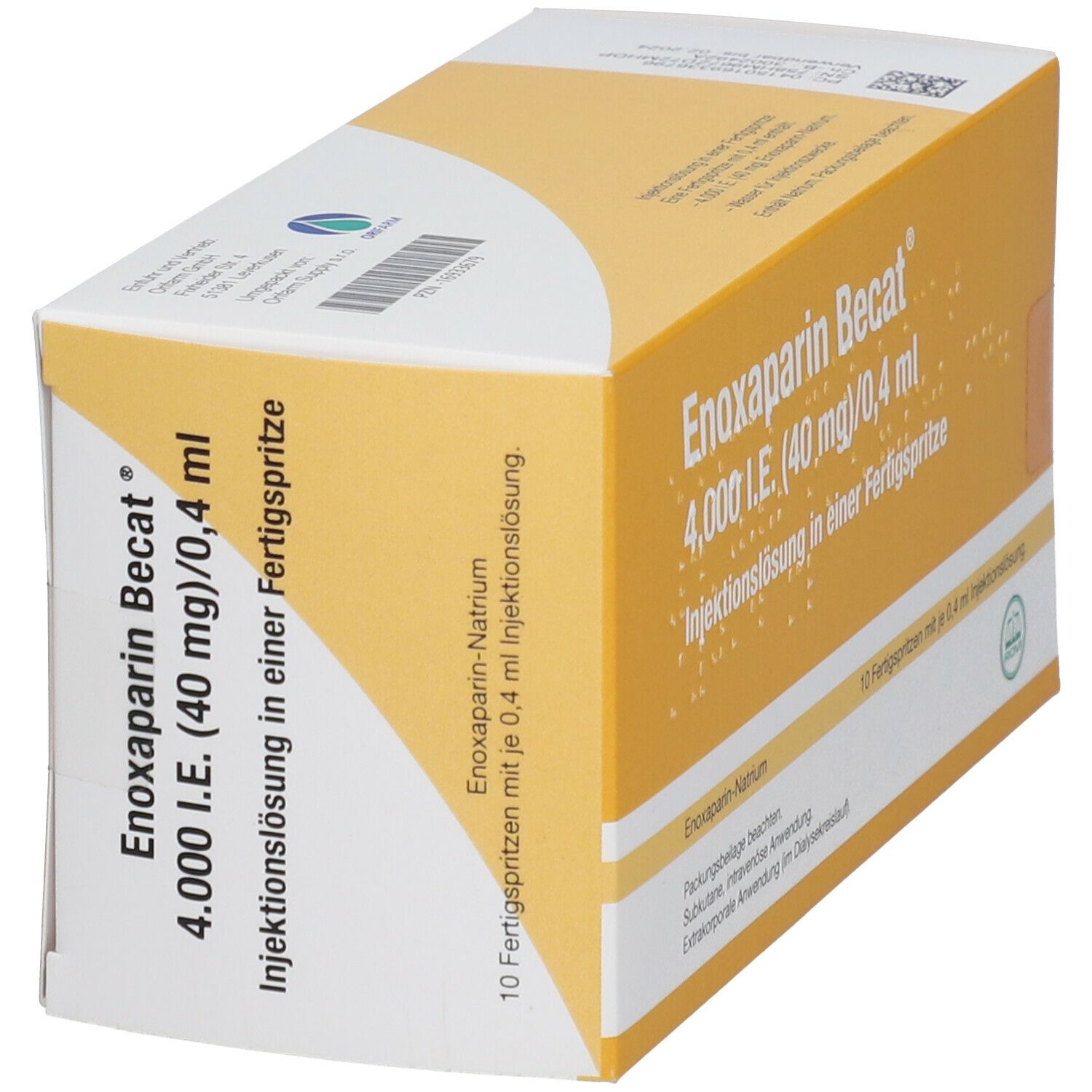Enoxaparin Becat-Verpackung, gelb-weiß. Produktname und Details auf der Schachtel. 10 Fertigspritzen.
