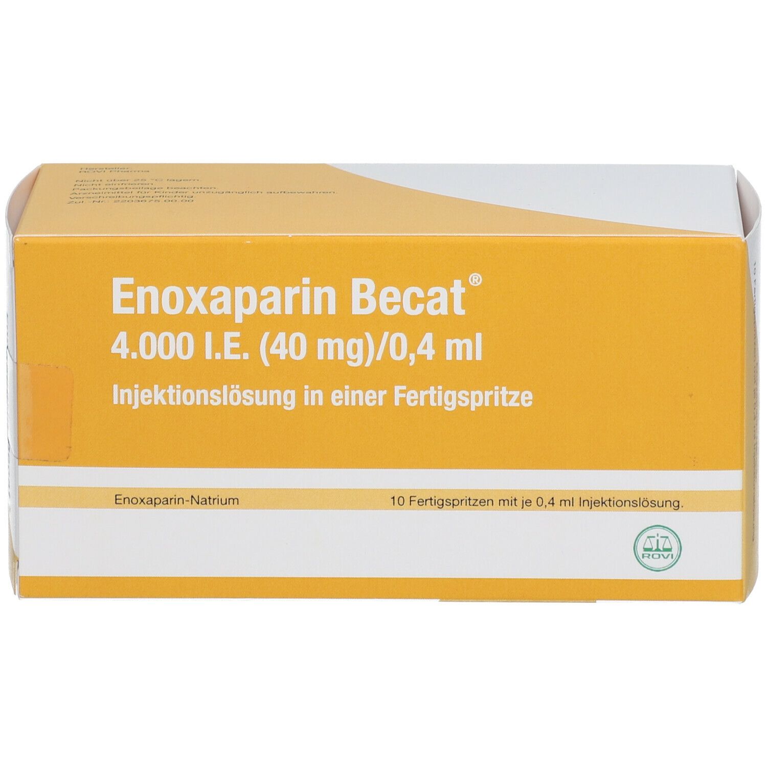 Enoxaparin Becat-Verpackung. Gelbe Schachtel mit Produktinformationen. Enthält 10 Fertigspritzen.