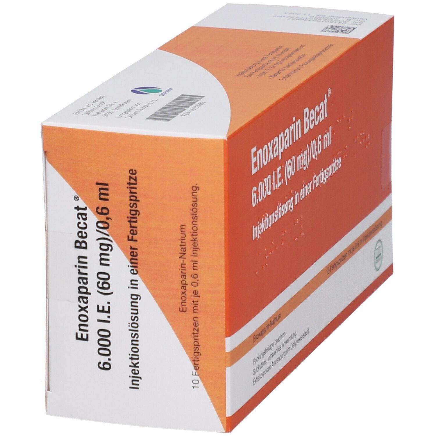 Schräg gestellte, orangefarbene Faltschachtel mit Produktbezeichnung: Enoxaparin Becat 6.000 I.E. (60 mg)/0,6 ml.