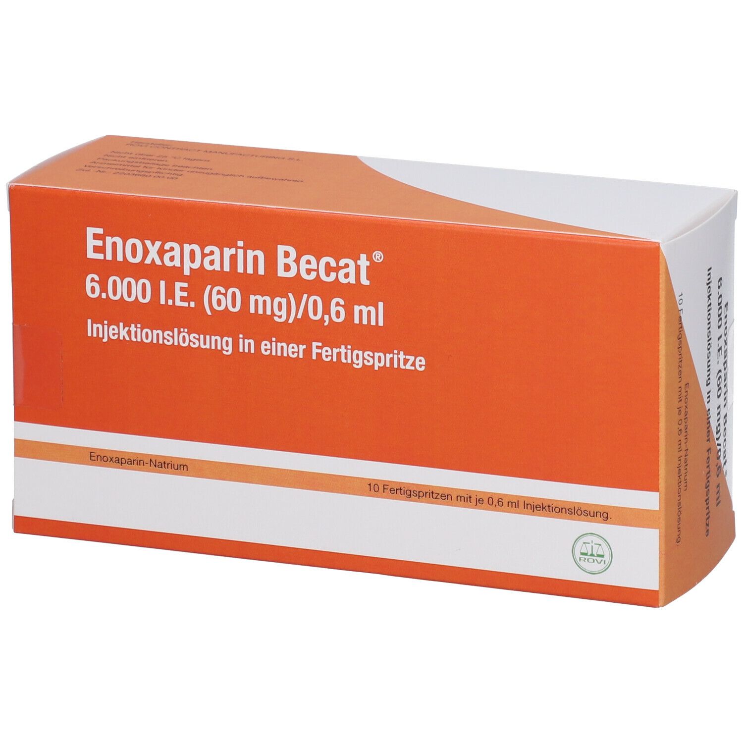 Orangefarbene Faltschachtel mit Produktbezeichnung: Enoxaparin Becat 6.000 I.E. (60 mg)/0,6 ml. 10 Fertigspritzen.