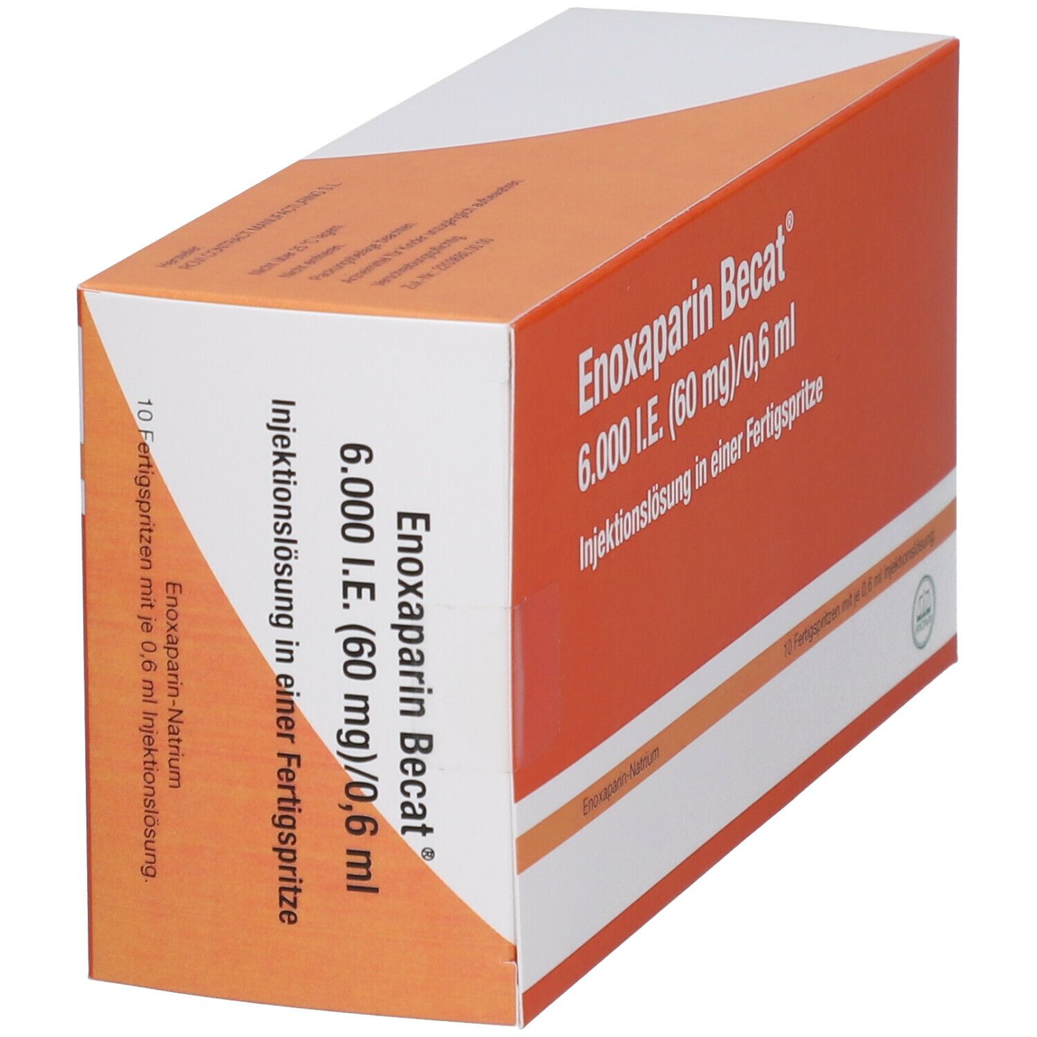 Schräg gestellte, orangefarbene Faltschachtel mit Produktbezeichnung: Enoxaparin Becat 6.000 I.E. (60 mg)/0,6 ml.