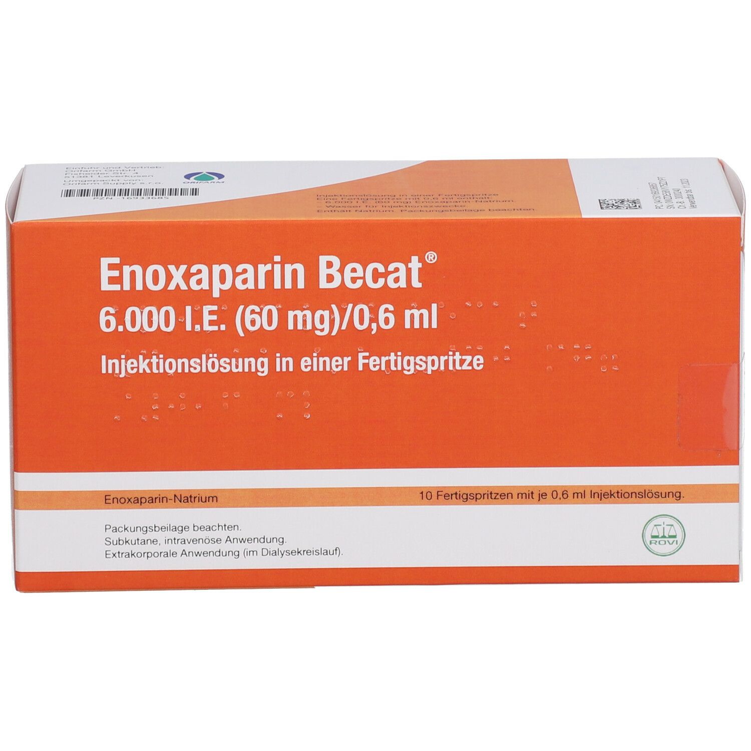 Orangefarbene Faltschachtel mit Produktbezeichnung: Enoxaparin Becat 6.000 I.E. (60 mg)/0,6 ml. 10 Fertigspritzen.
