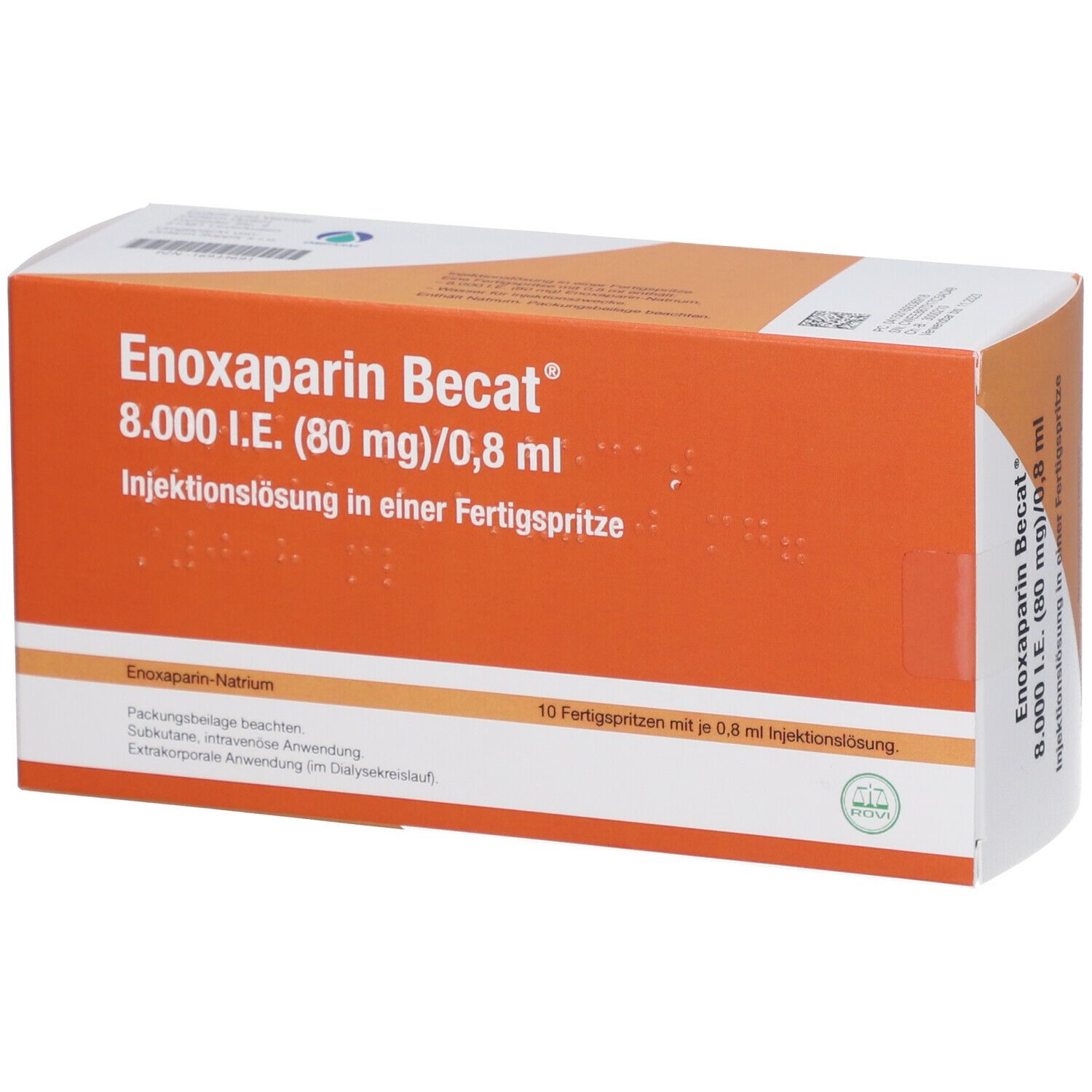Orangefarbene Faltschachtel mit Produktnamen und Dosierungsangaben. 10 Fertigspritzen mit 0,8 ml Injektionslösung.