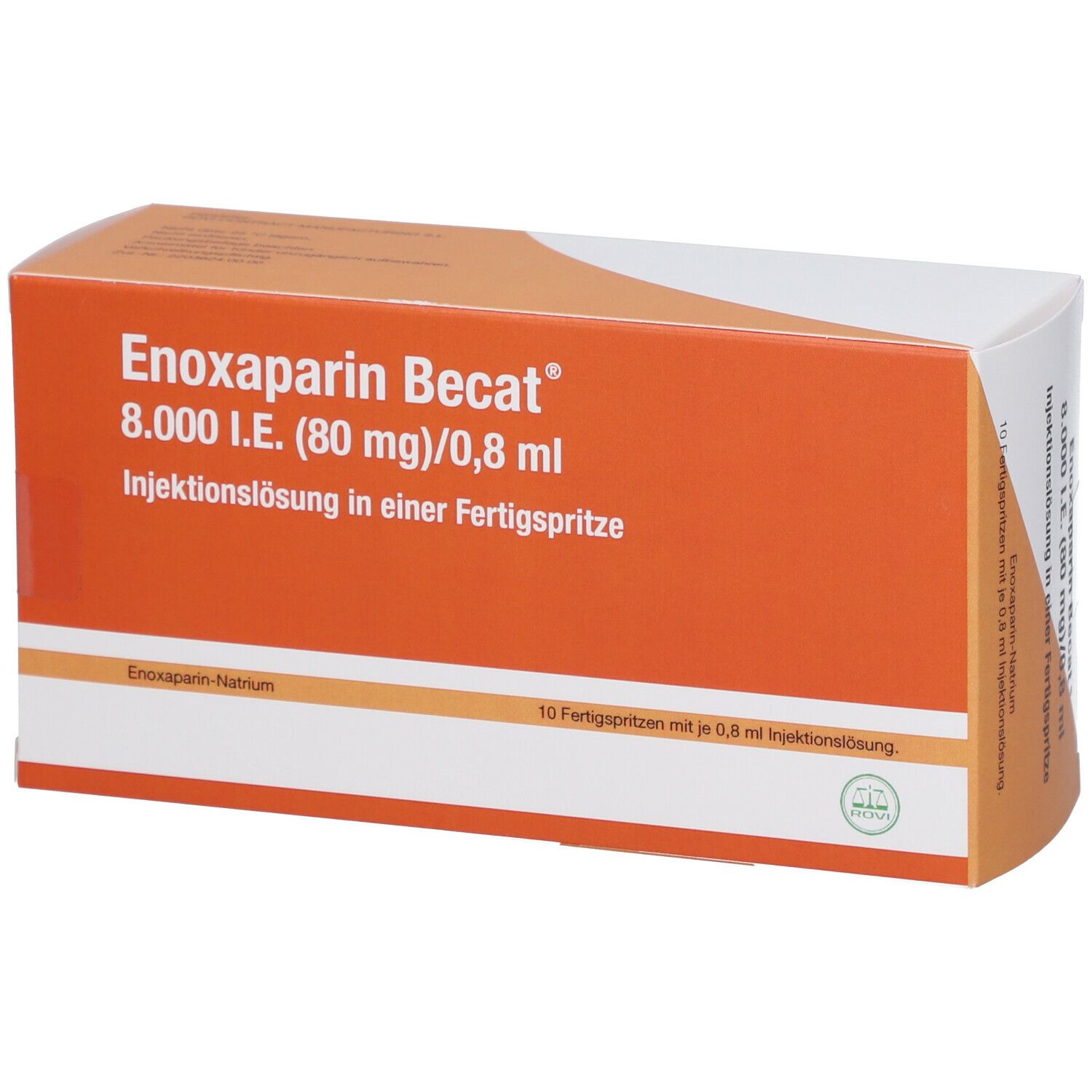 Orangefarbene Faltschachtel mit Produktnamen und Dosierungsangaben. 10 Fertigspritzen mit 0,8 ml Injektionslösung.