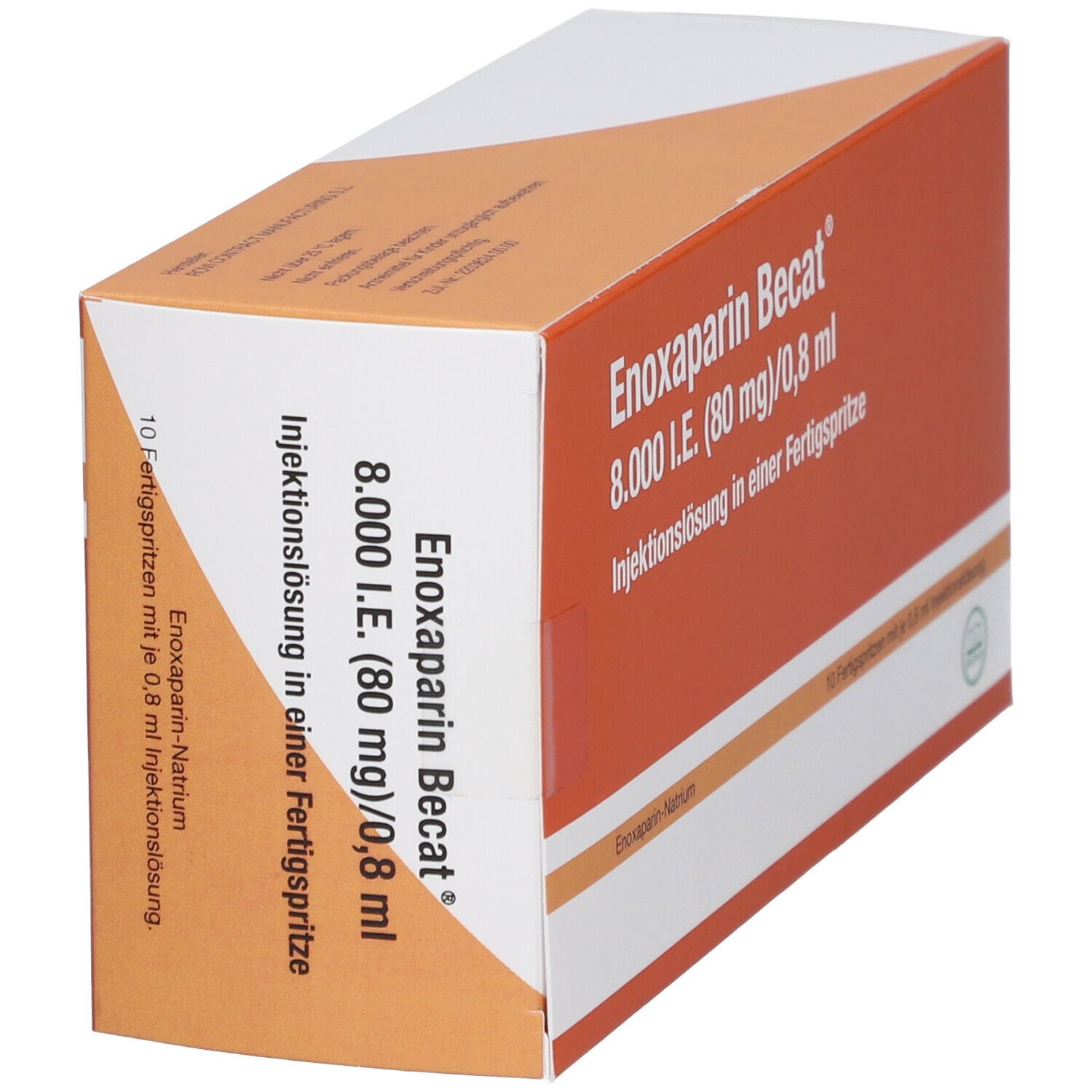 Schräg gestellte, orangefarbene Faltschachtel mit Produktnamen und Dosierungsangaben. 10 Fertigspritzen.