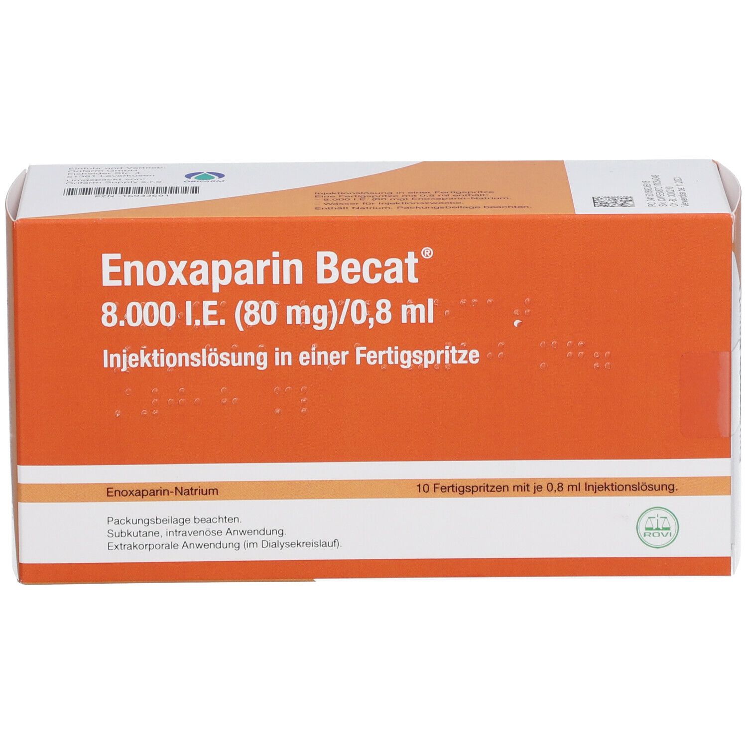 Orangefarbene Faltschachtel mit Produktnamen und Dosierungsangaben. 10 Fertigspritzen mit 0,8 ml Injektionslösung. Grün Siegel.