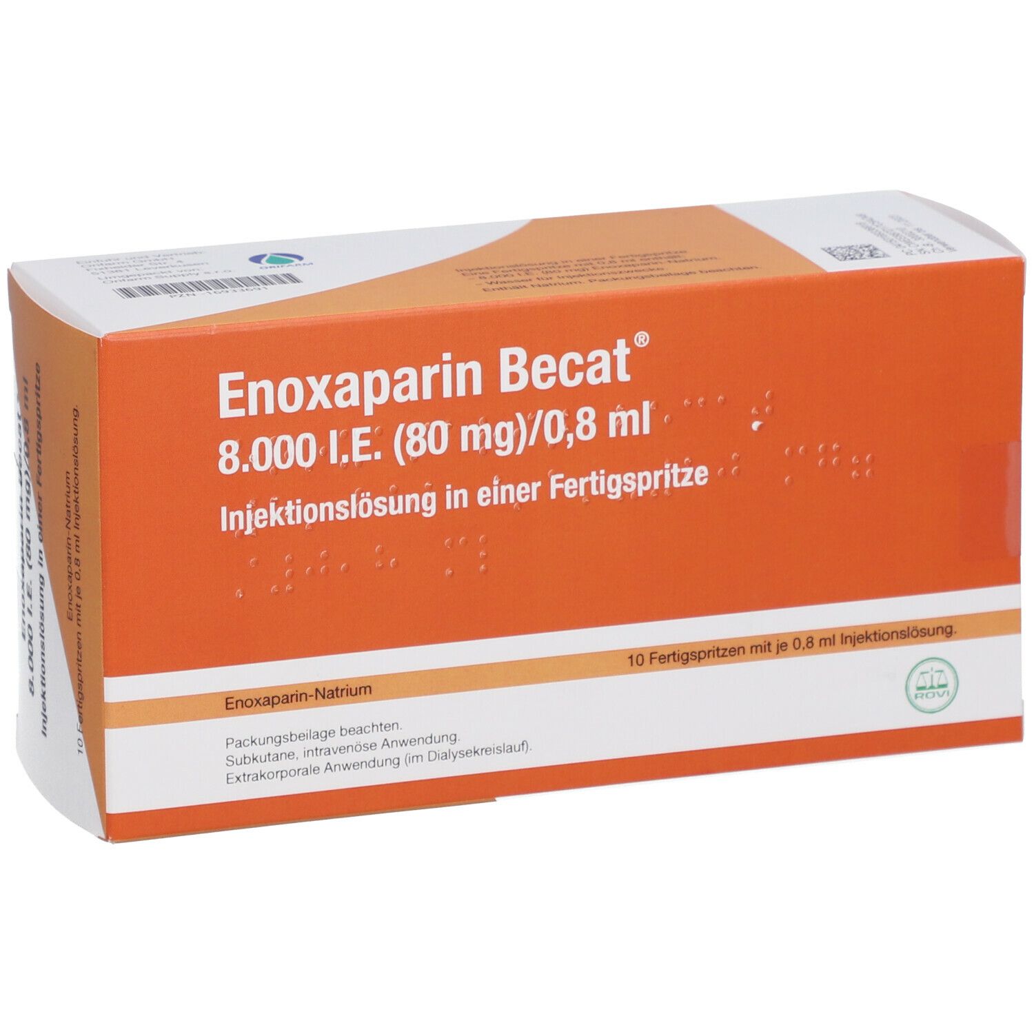Orangefarbene Faltschachtel mit Produktnamen und Dosierungsangaben. 10 Fertigspritzen mit 0,8 ml Injektionslösung. Grün Siegel.