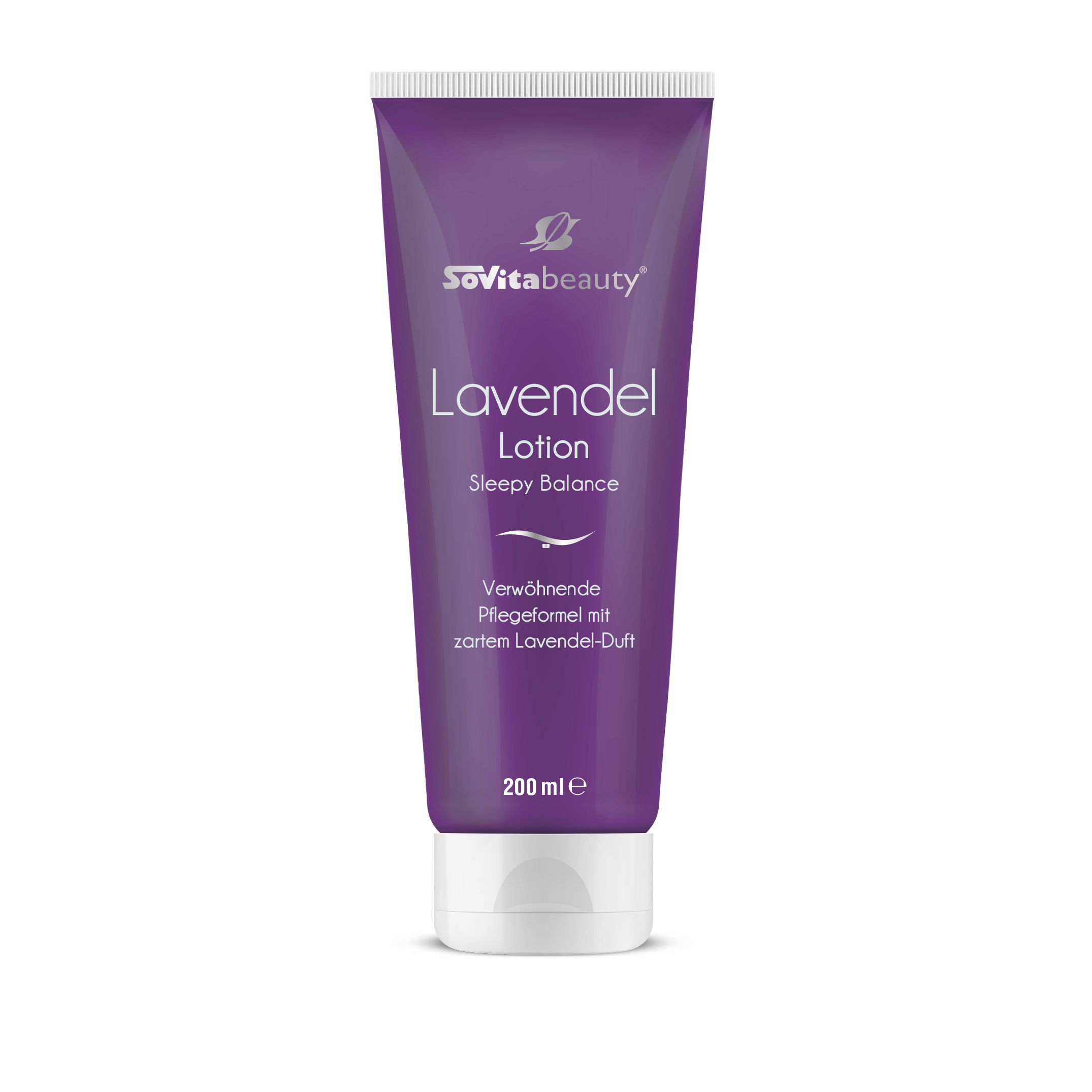 Lila Tube mit weißem Deckel. SoVitabeauty Lavendel Lotion, Sleepy Balance. Text: Lavendel Lotion, 200 ml.