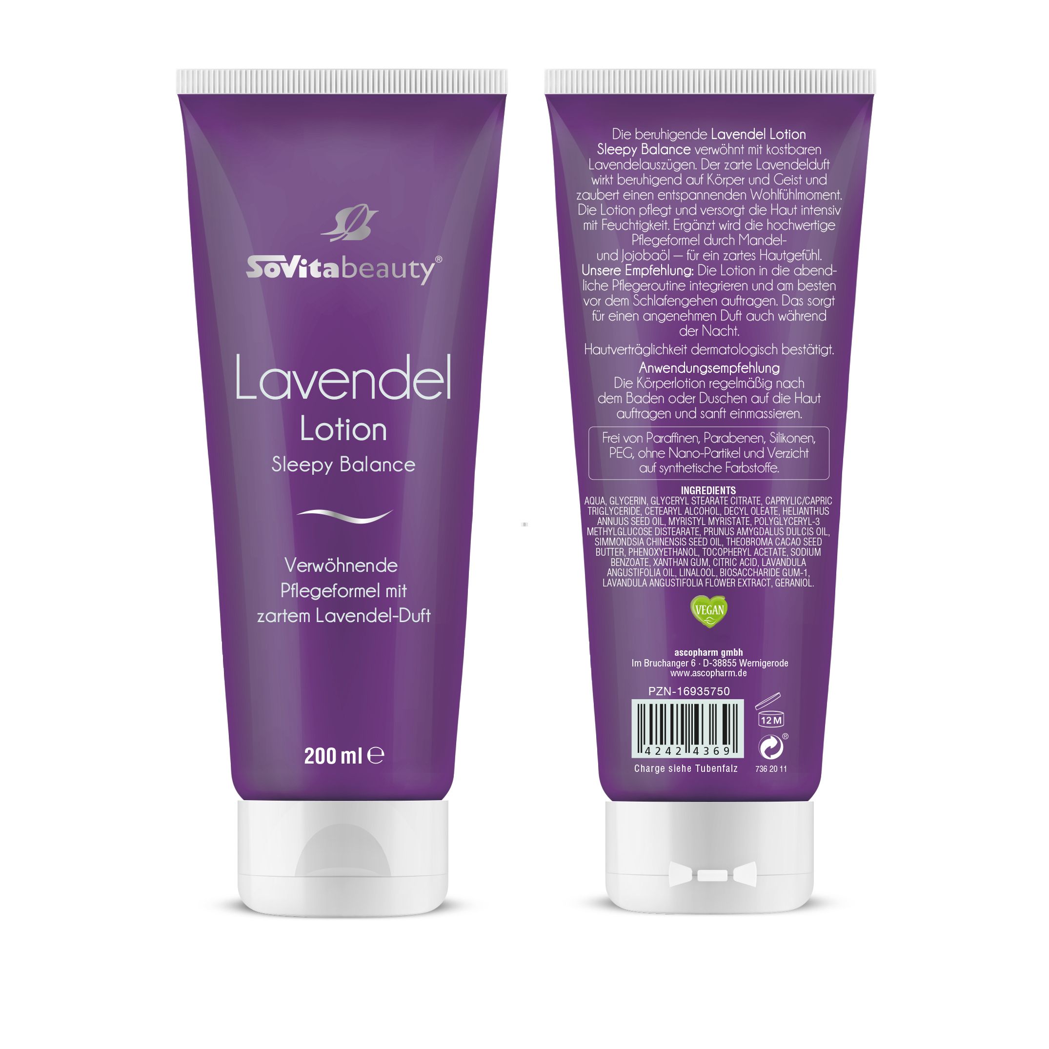 Vorder- und Rückseite der Lavendel Lotion Tube. Lila Tube mit weißem Deckel. Text: SoVitabeauty, Lavendel Lotion, 200 ml.