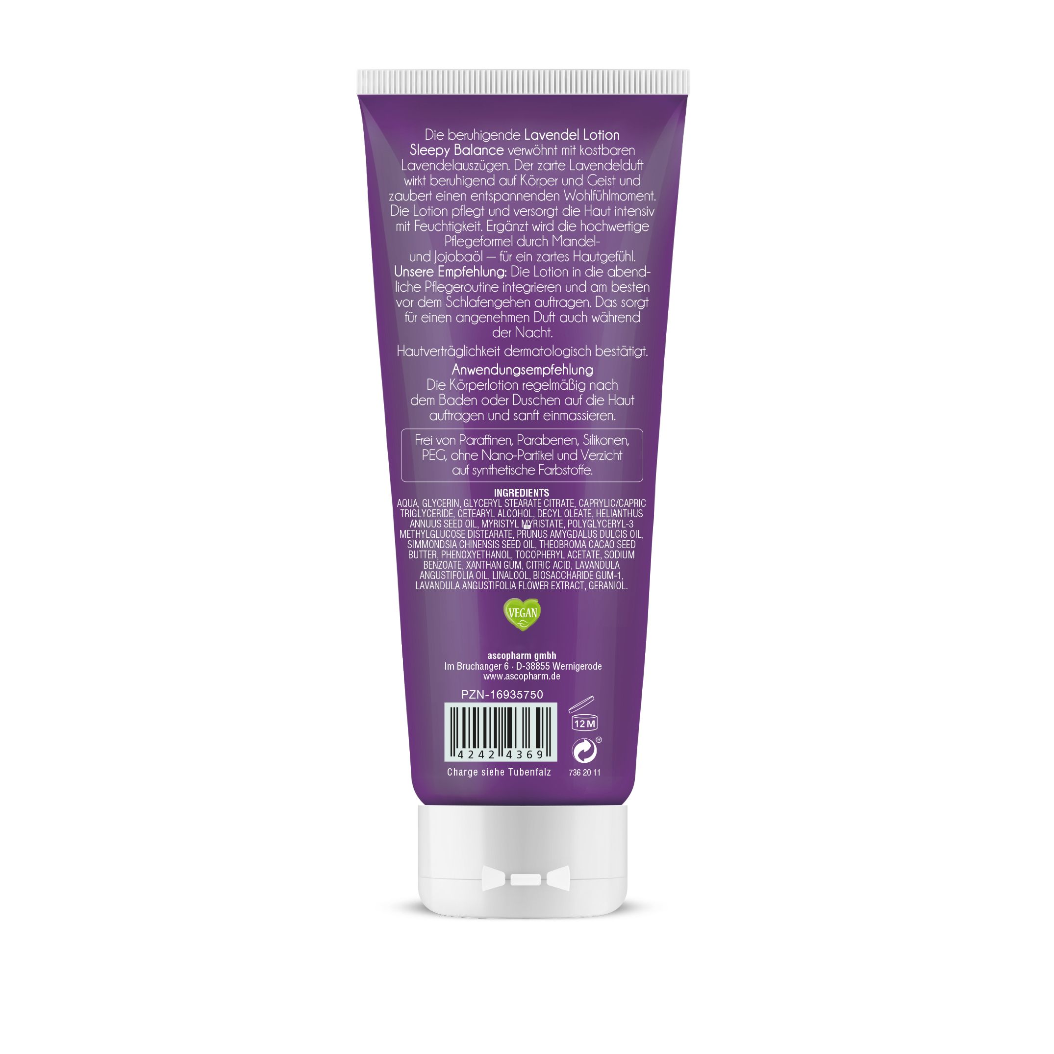 Rückseite der Lavendel Lotion Tube. Lila Tube mit weißem Deckel. Text und Inhaltsstoffe.