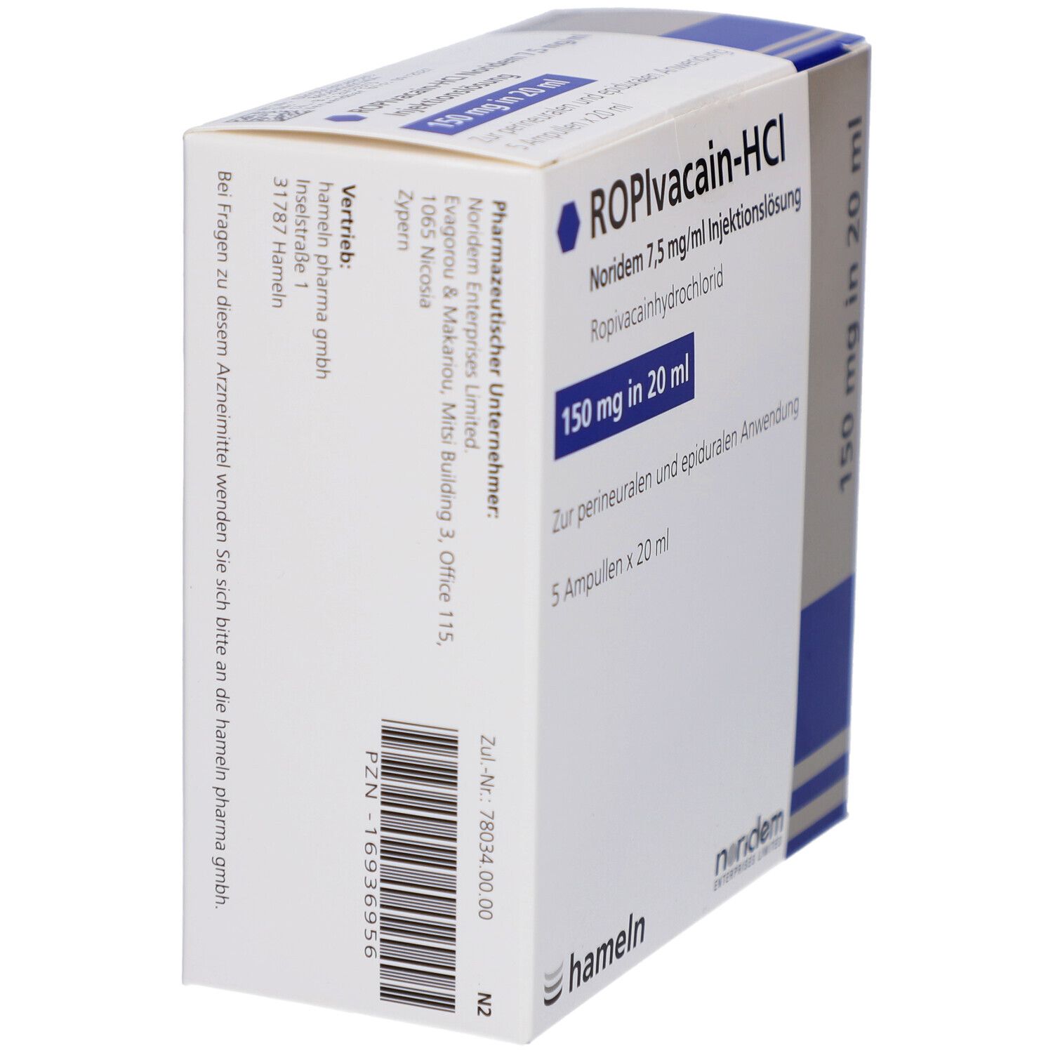 Verpackung von ROPIVACAIN-HCl Noridem 7,5 mg/ml Injektionslsg. Seitenansicht mit Text und Barcode. Hameln und Noridem Logos.