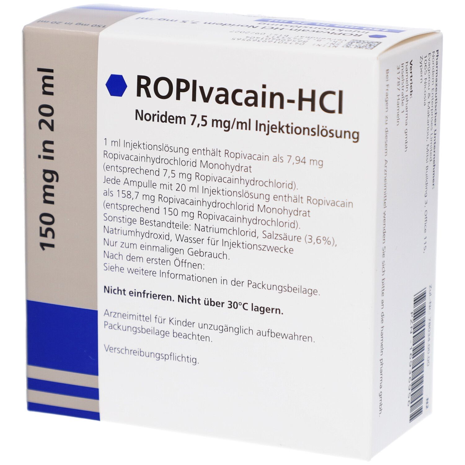 Verpackung von ROPIVACAIN-HCl Noridem 7,5 mg/ml Injektionslsg. Rückseite mit Text. Hameln und Noridem Logos.