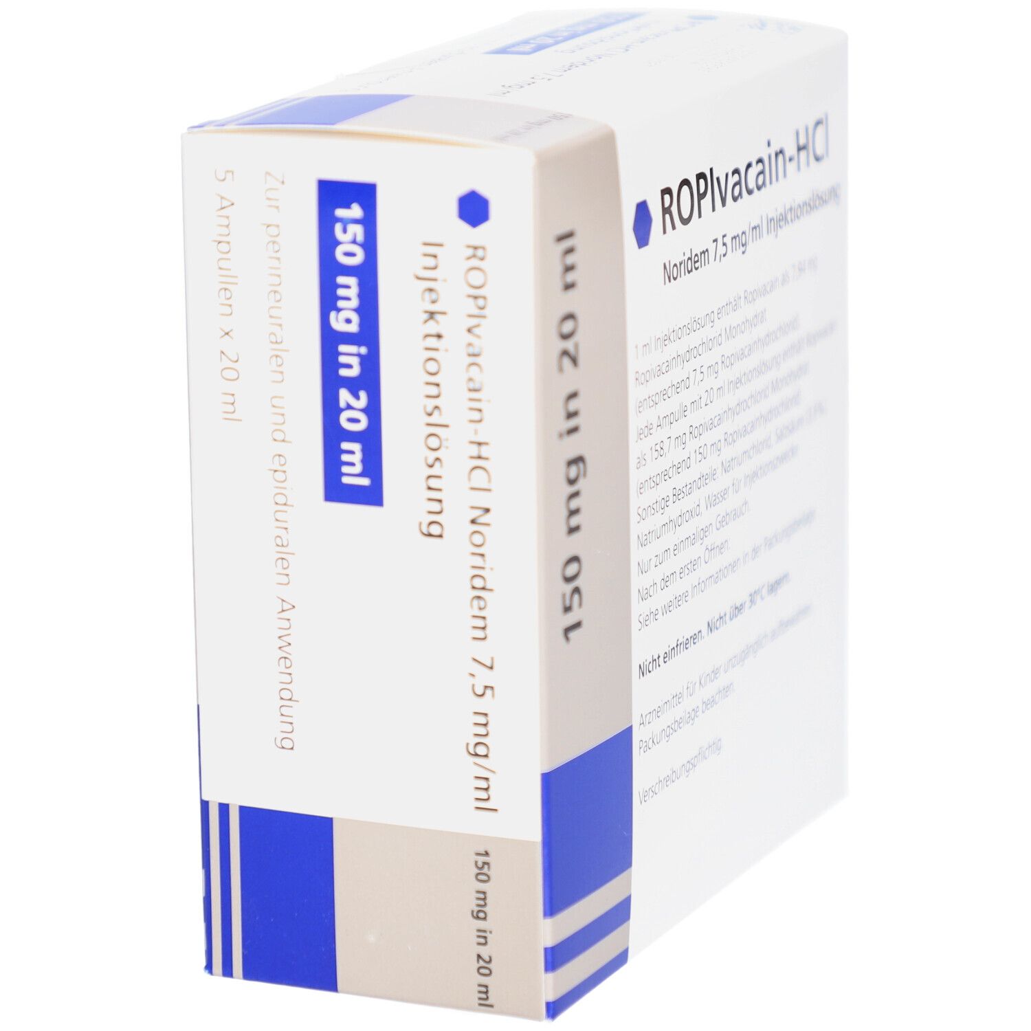 Verpackung von ROPIVACAIN-HCl Noridem 7,5 mg/ml Injektionslsg. Schrägansicht. 150 mg in 20 ml. Hameln und Noridem Logos.