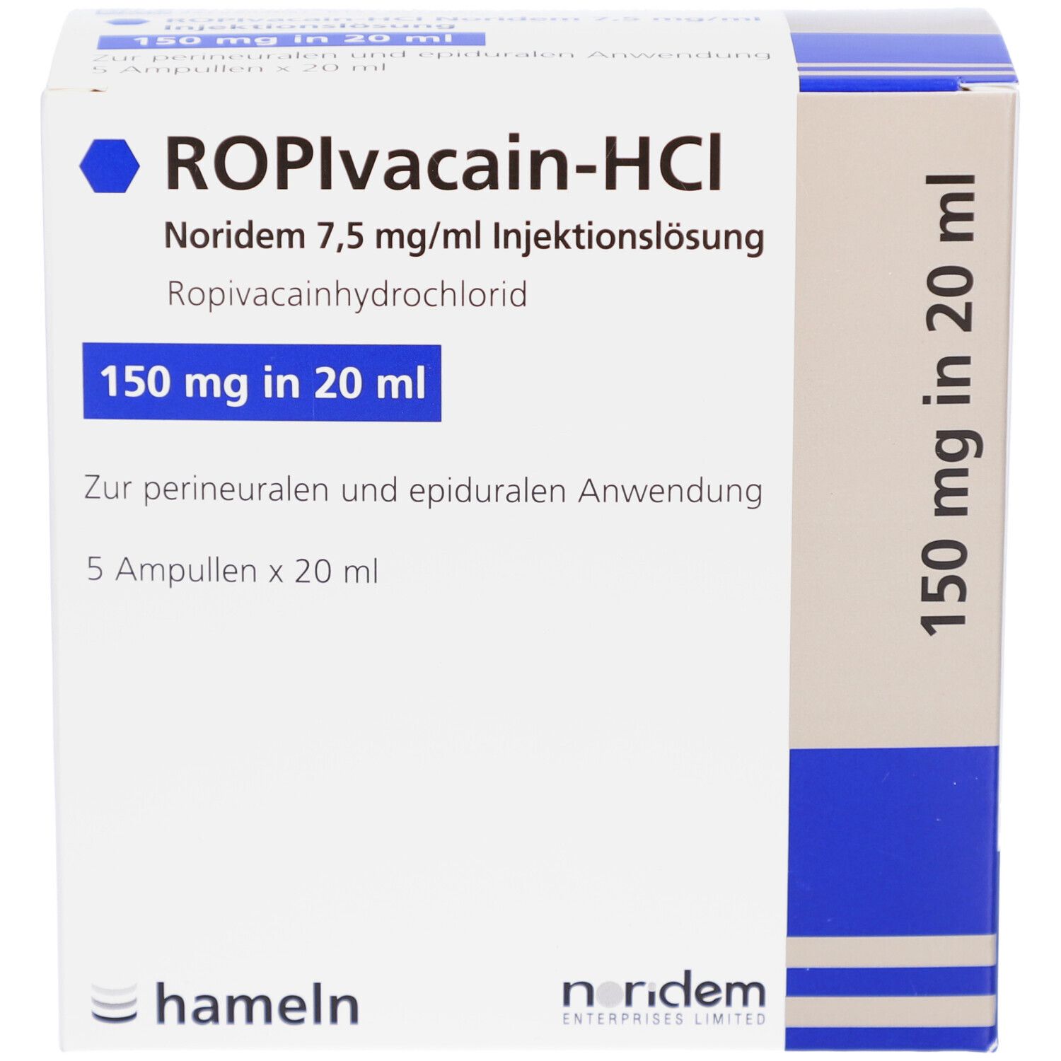 Verpackung von ROPIVACAIN-HCl Noridem 7,5 mg/ml Injektionslsg. 150 mg in 20 ml. 5 Ampullen. Hameln und Noridem Logos.