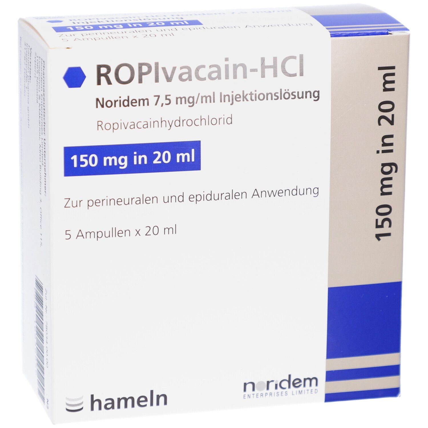 Verpackung von ROPIVACAIN-HCl Noridem 7,5 mg/ml Injektionslsg. 150 mg in 20 ml. 5 Ampullen. Hameln und Noridem Logos.