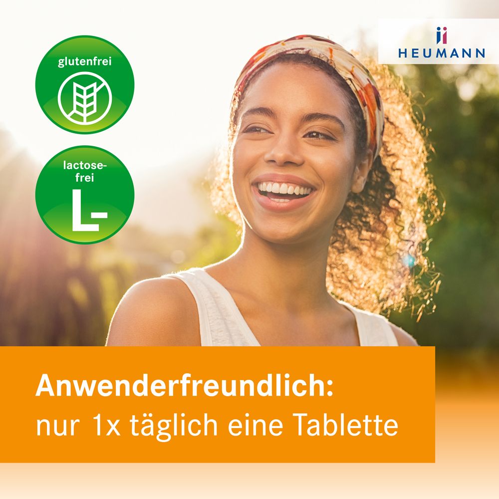 Frau lächelt. Text: Nur 1x täglich eine Tablette. Glutenfrei und laktosefrei. Marke: HEUMANN.