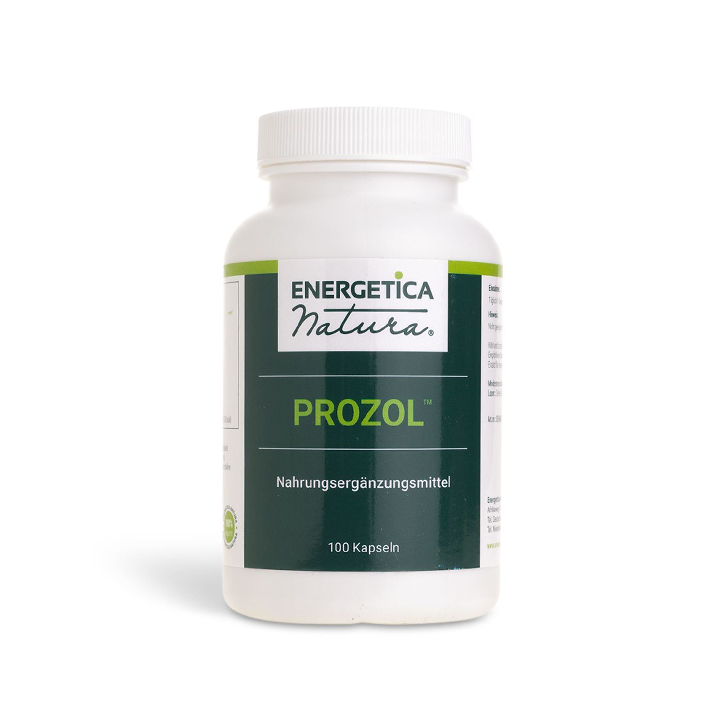 Weiße Kapseln in einer weißen Flasche mit grünem Etikett. Auf dem Etikett steht ENERGETICA natura® PROZOL™ und 100 Kapseln.
