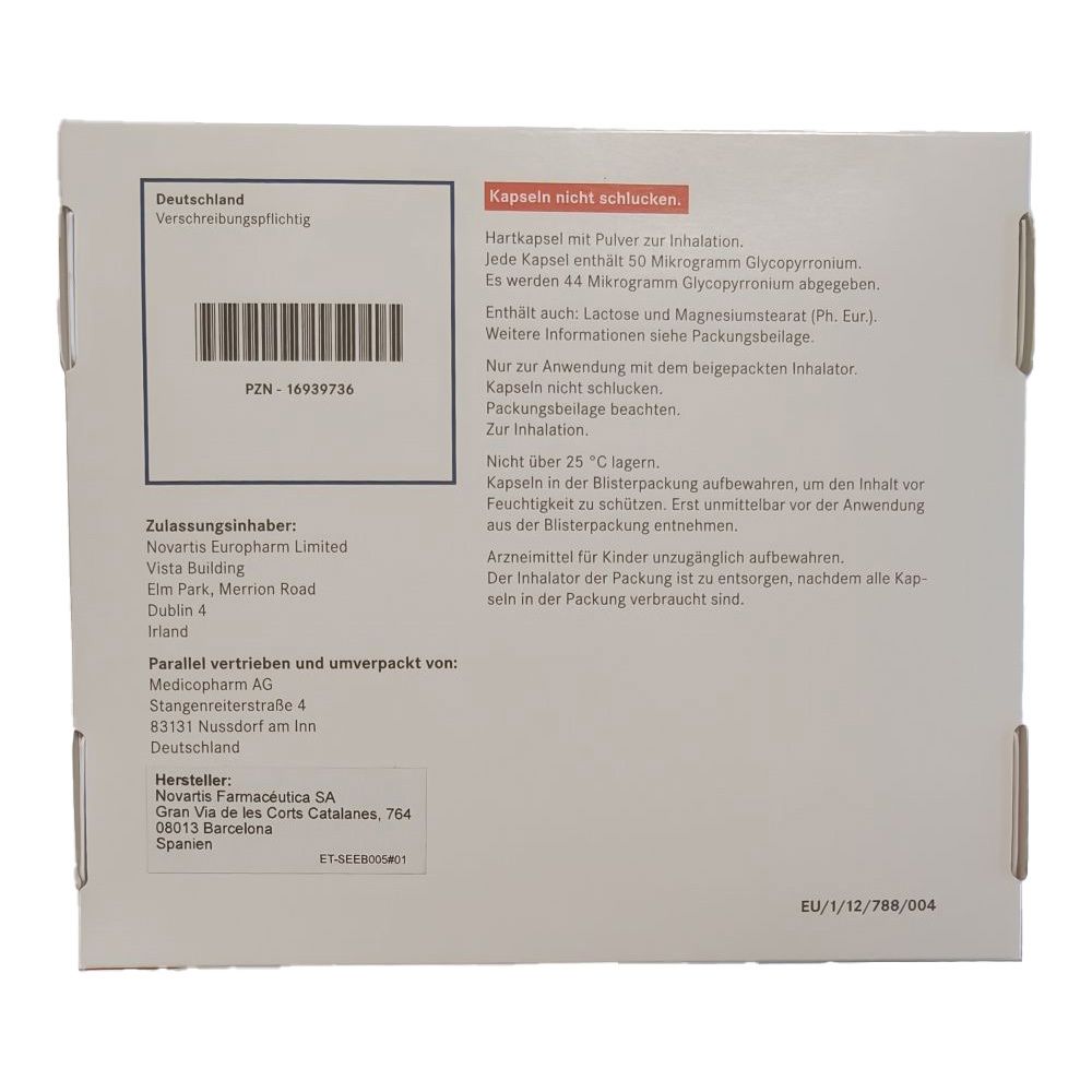 Rückseite der SEEBRI Breezhaler Verpackung. Enthält Text über Anwendung, Lagerung und Hersteller. Barcode und PZN-Nummer.