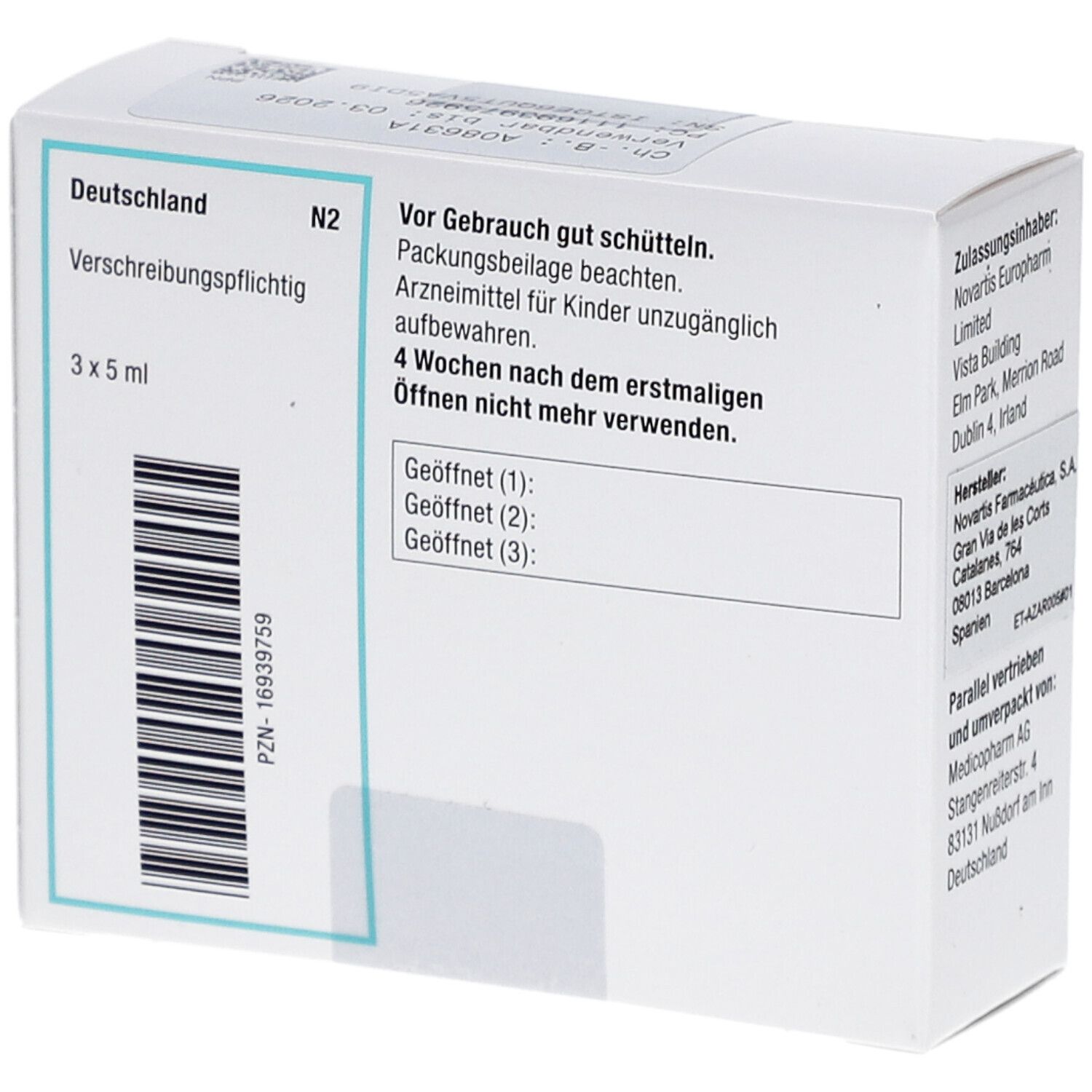 Rückseite der weißen Faltschachtel. Enthält Informationen zur Anwendung und Lagerung. Barcode und PZN-Nummer.