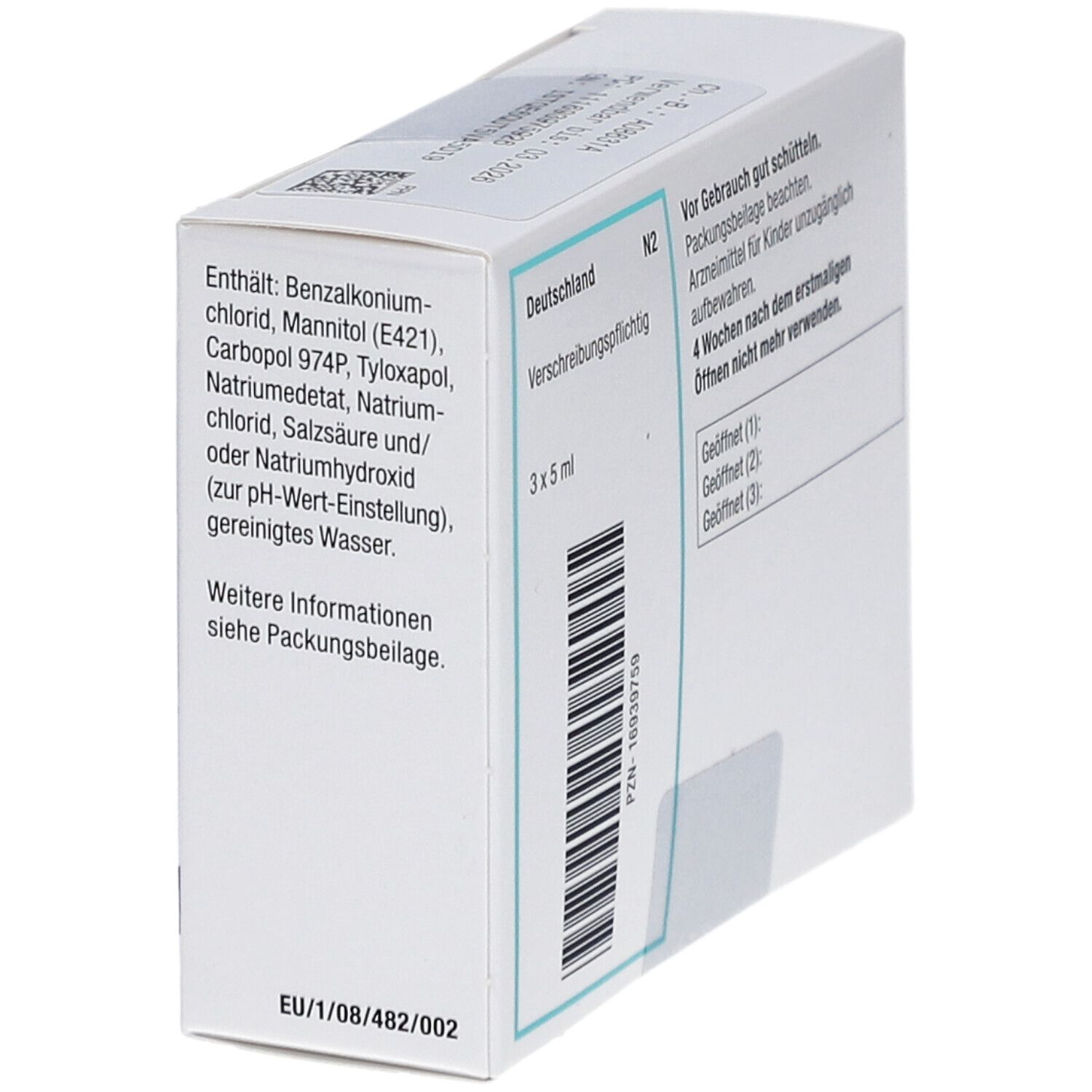 Seite der weißen Faltschachtel. Enthält Inhaltsstoffe und weitere Informationen. EU-Kennzeichnung und Barcode.