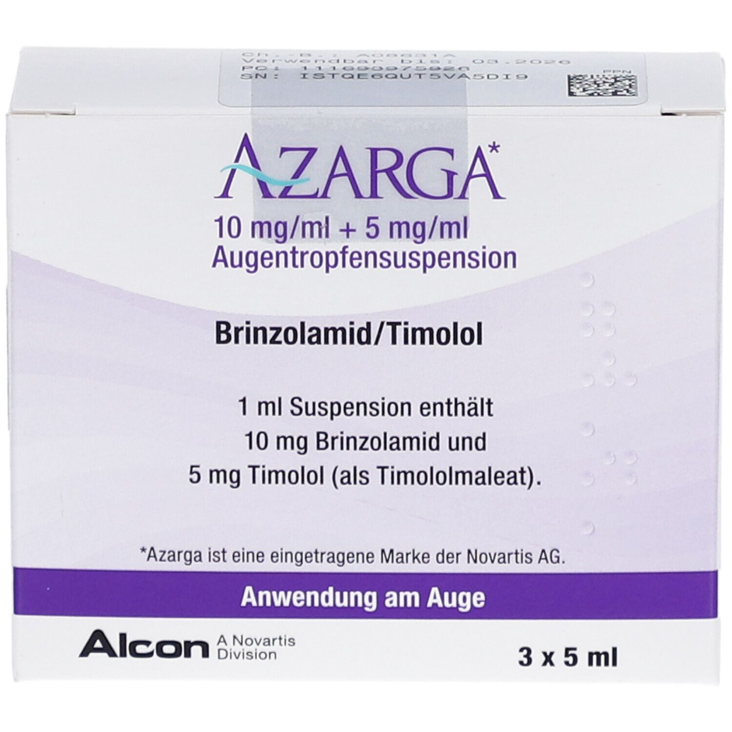 Weiße Faltschachtel mit Azarga-Logo und Produktinformationen. Enthält 10 mg/ml + 5 mg/ml Augentropfensuspension. Alcon-Logo unten.
