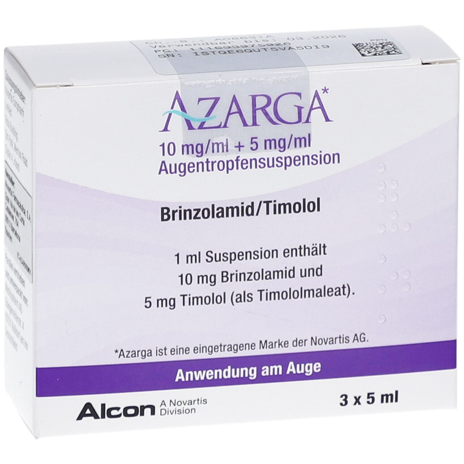 Weiße Faltschachtel mit Azarga-Logo und Produktinformationen. Enthält 10 mg/ml + 5 mg/ml Augentropfensuspension. Alcon-Logo unten.
