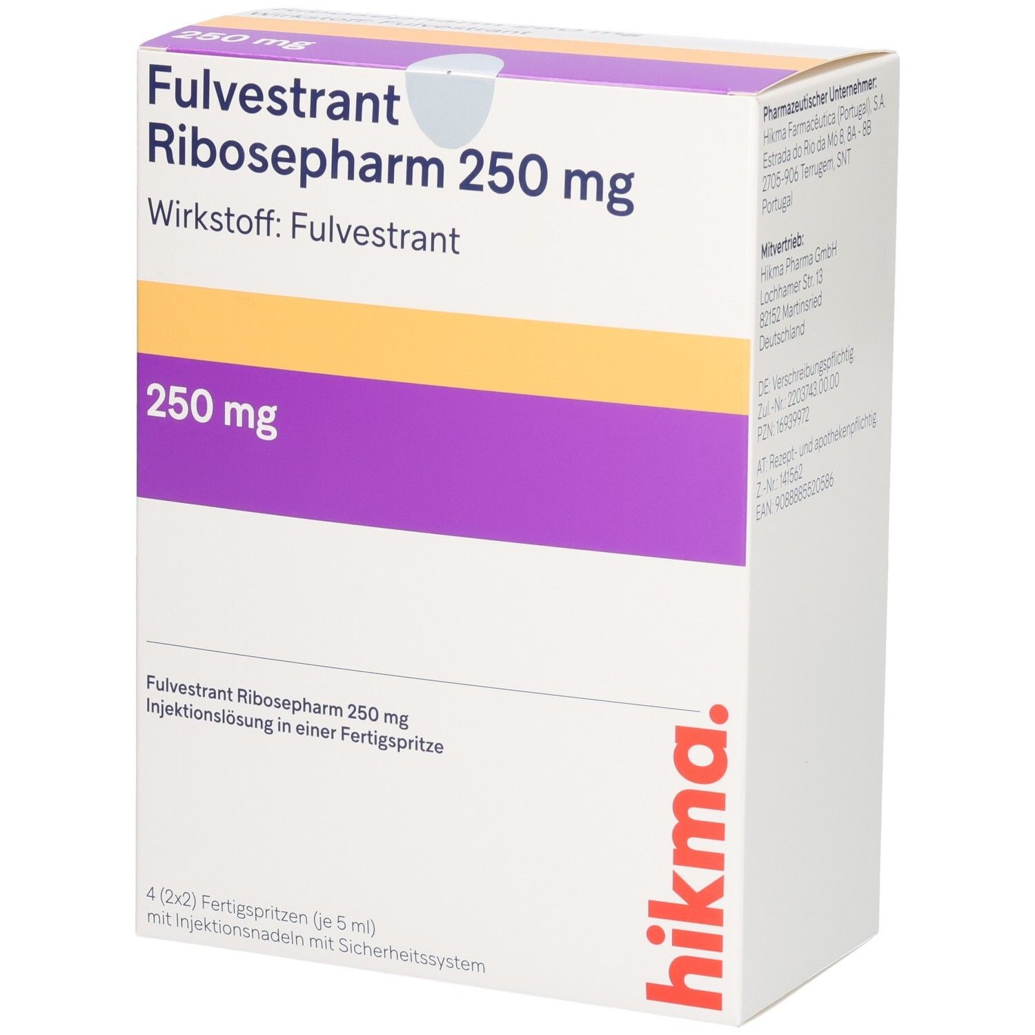 Faltschachtel mit Fulvestrant Ribosepharm 250 mg Injektionslösung in Fertigspritzen.