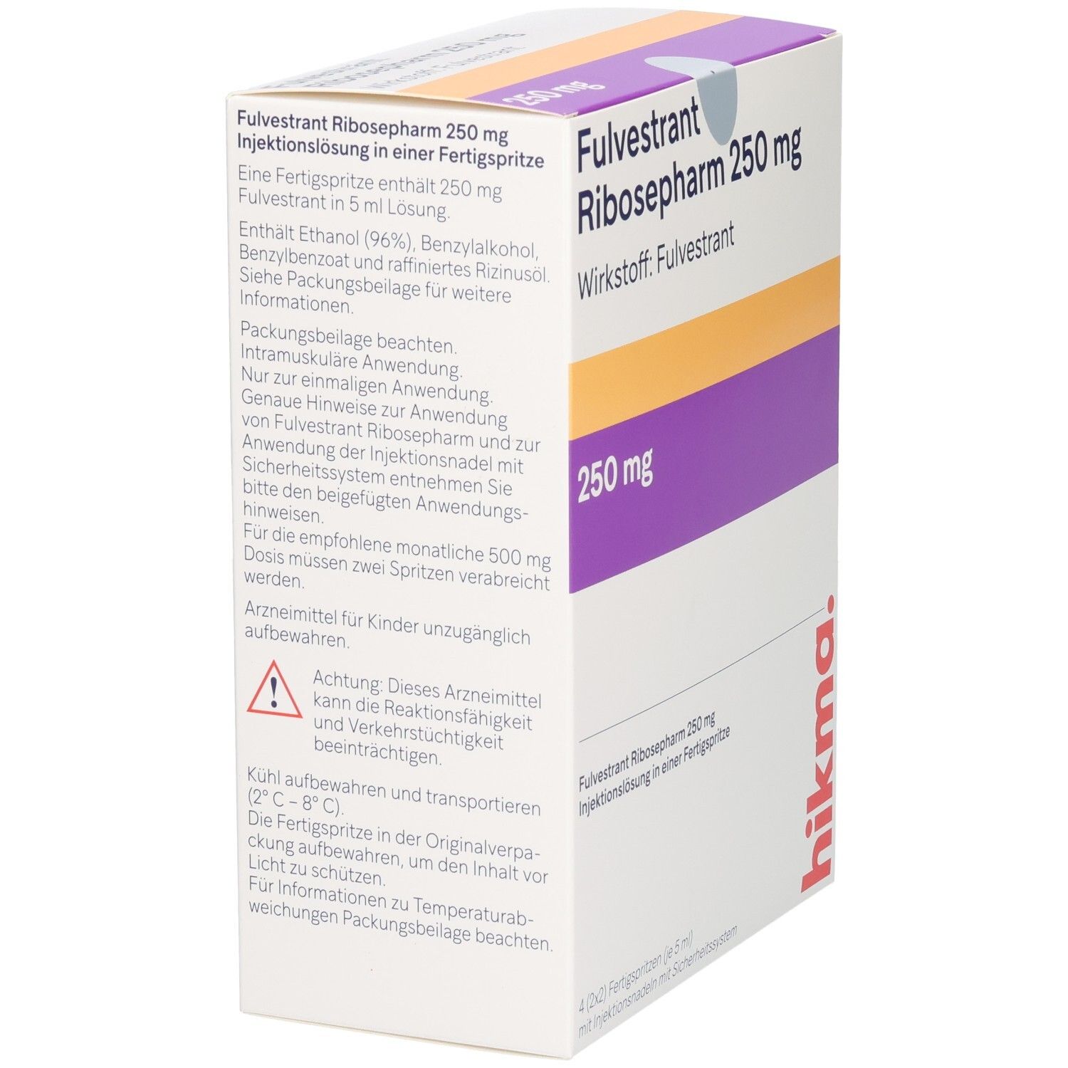Seitenansicht der Faltschachtel mit Anwendungshinweisen für Fulvestrant Ribosepharm 250 mg.