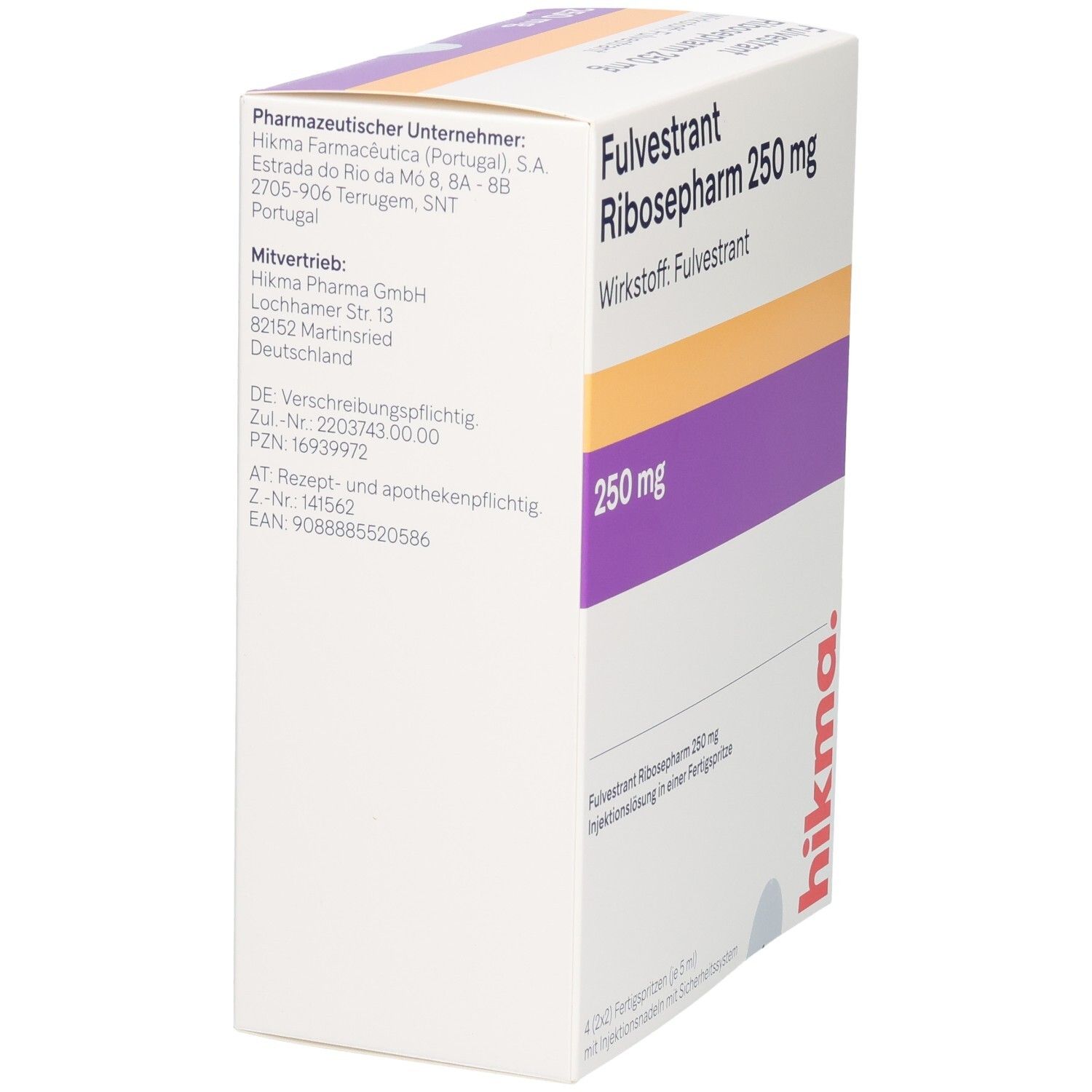 Rückseite der Faltschachtel mit Herstellerinformationen für Fulvestrant Ribosepharm 250 mg.
