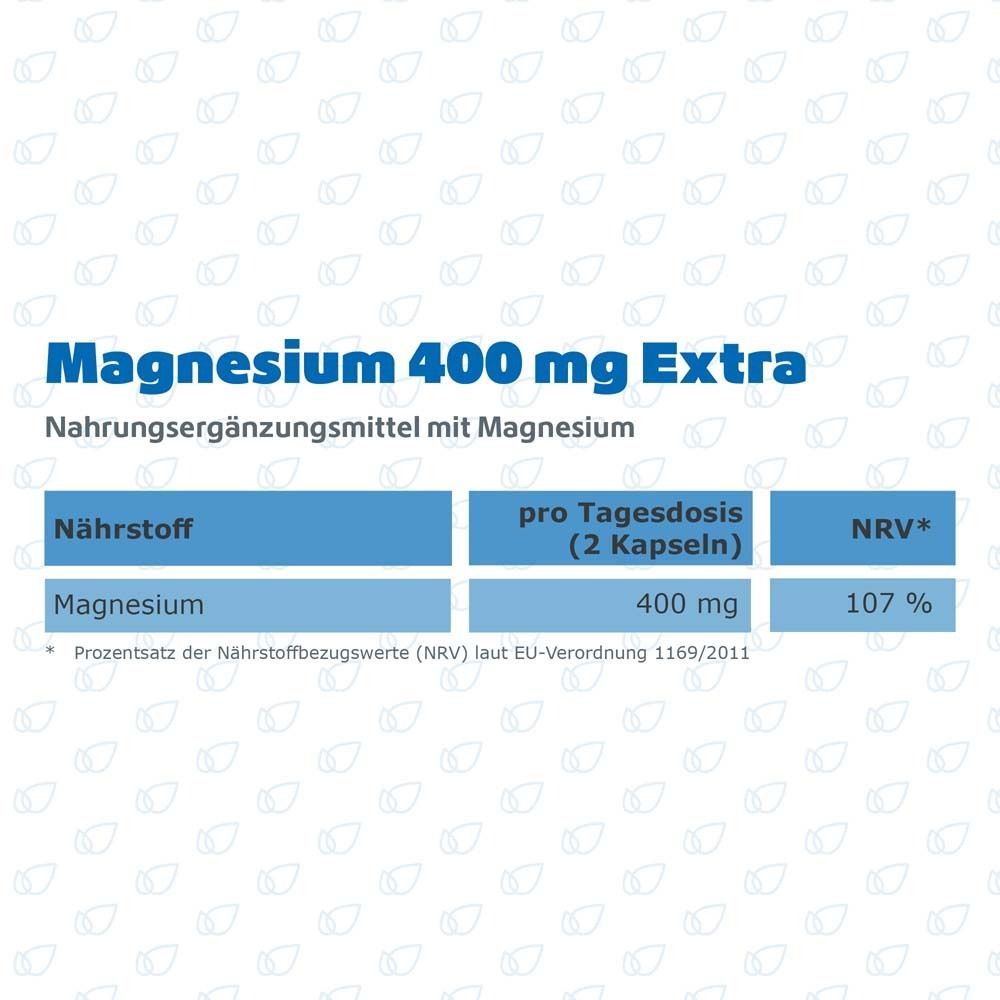 Nährwerttabelle: Magnesium 400 mg Extra. Magnesium: 400 mg pro Tagesdosis (2 Kapseln), 107% NRV.