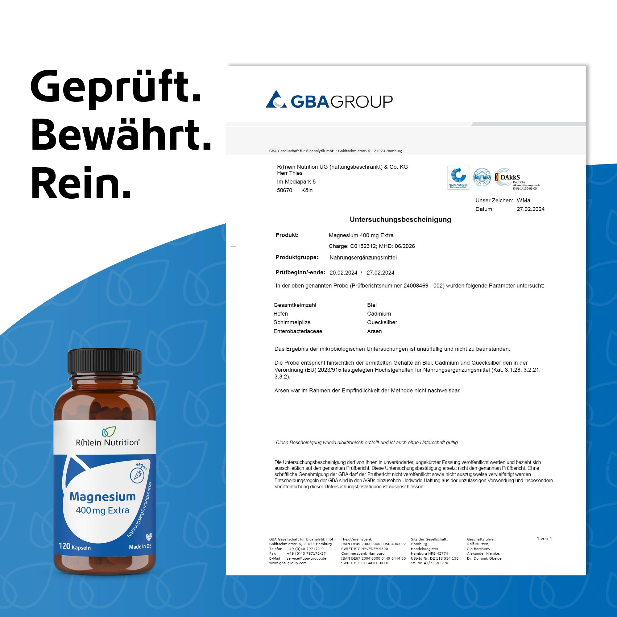 Braune Flasche mit Etikett und Zertifikat. GBA Group. Geprüft. Bewährt. Rein. Magnesium 400 mg Extra.