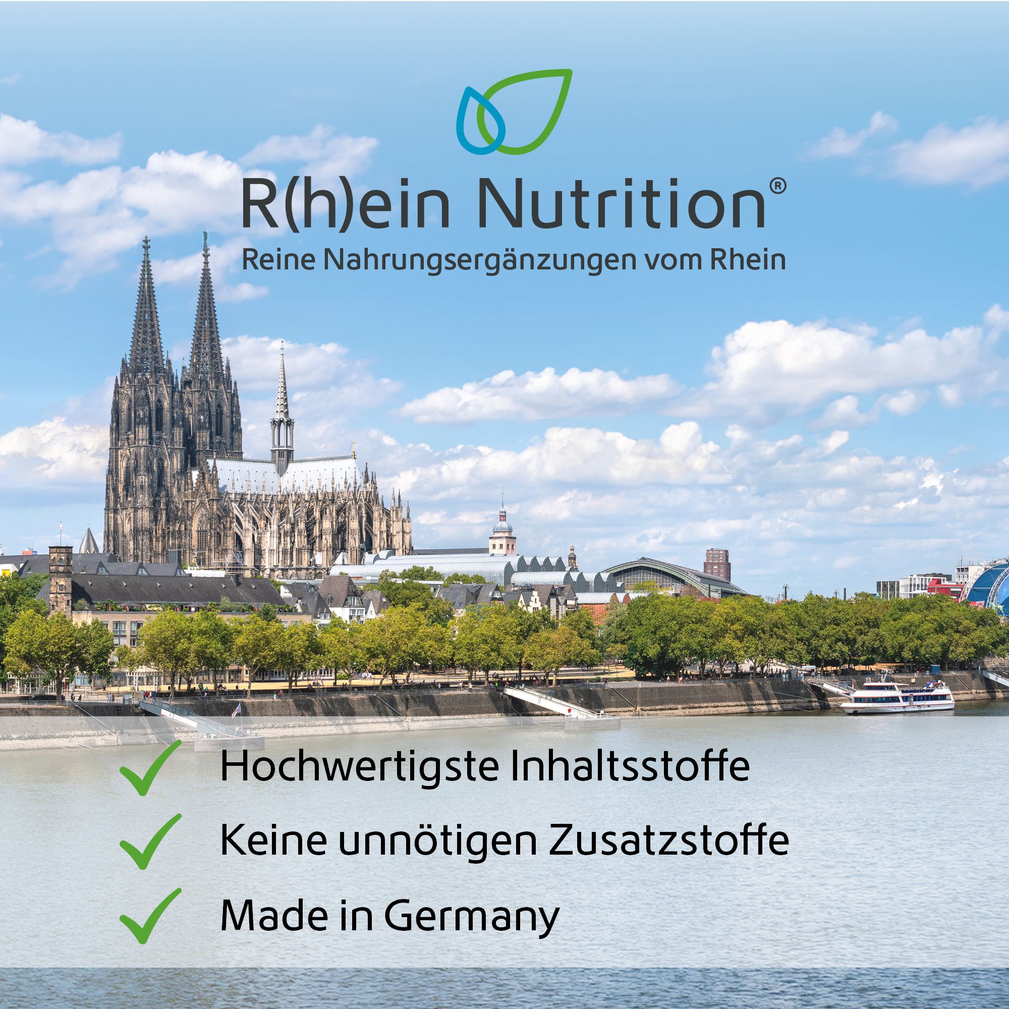 Landschaft mit Dom und Fluss. Text: R(h)ein Nutrition. Reine Nahrungsergänzungen vom Rhein. Qualität.