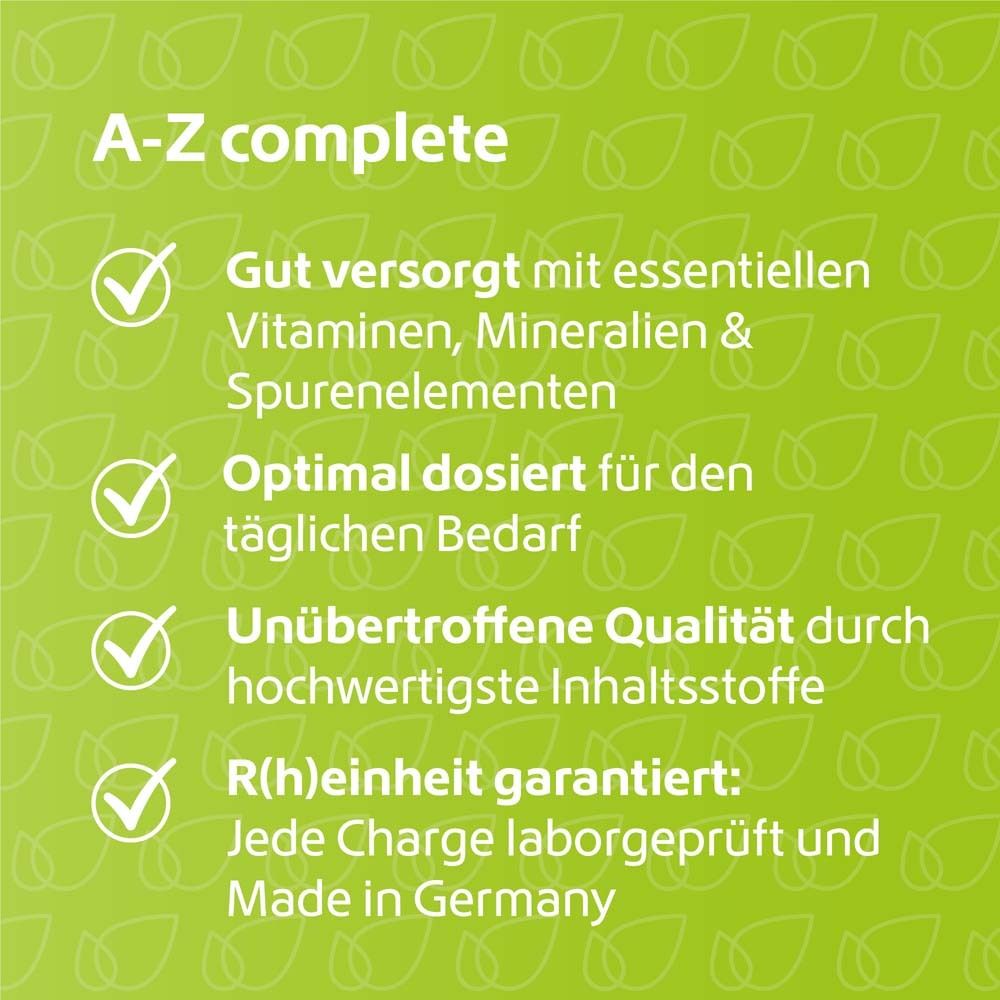 Grüner Hintergrund mit Text: A-Z complete. Gut versorgt mit Vitaminen, Mineralien & Spurenelementen. Made in Germany.