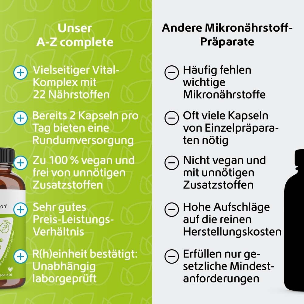 Vergleich: A-Z complete vs. andere Mikronährstoff-Präparate. A-Z complete: Vielseitiger Vitalkomplex, vegan, gutes Preis-Leistungs-Verhältnis.