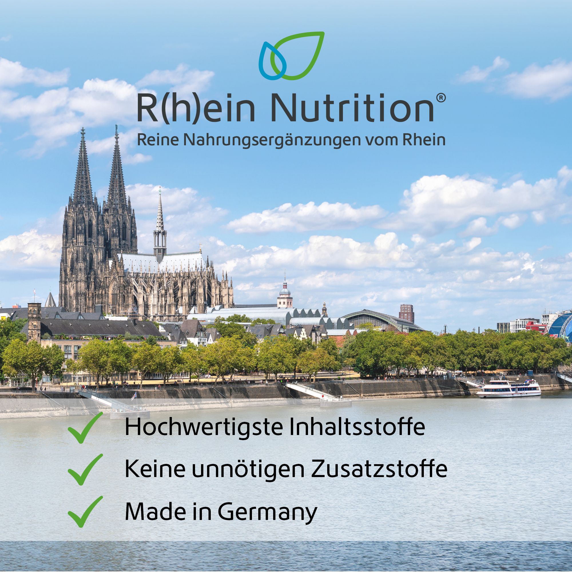 Ansicht von Köln mit Rhein. Text: R(h)ein Nutrition. Reine Nahrungsergänzungen vom Rhein. Made in Germany.