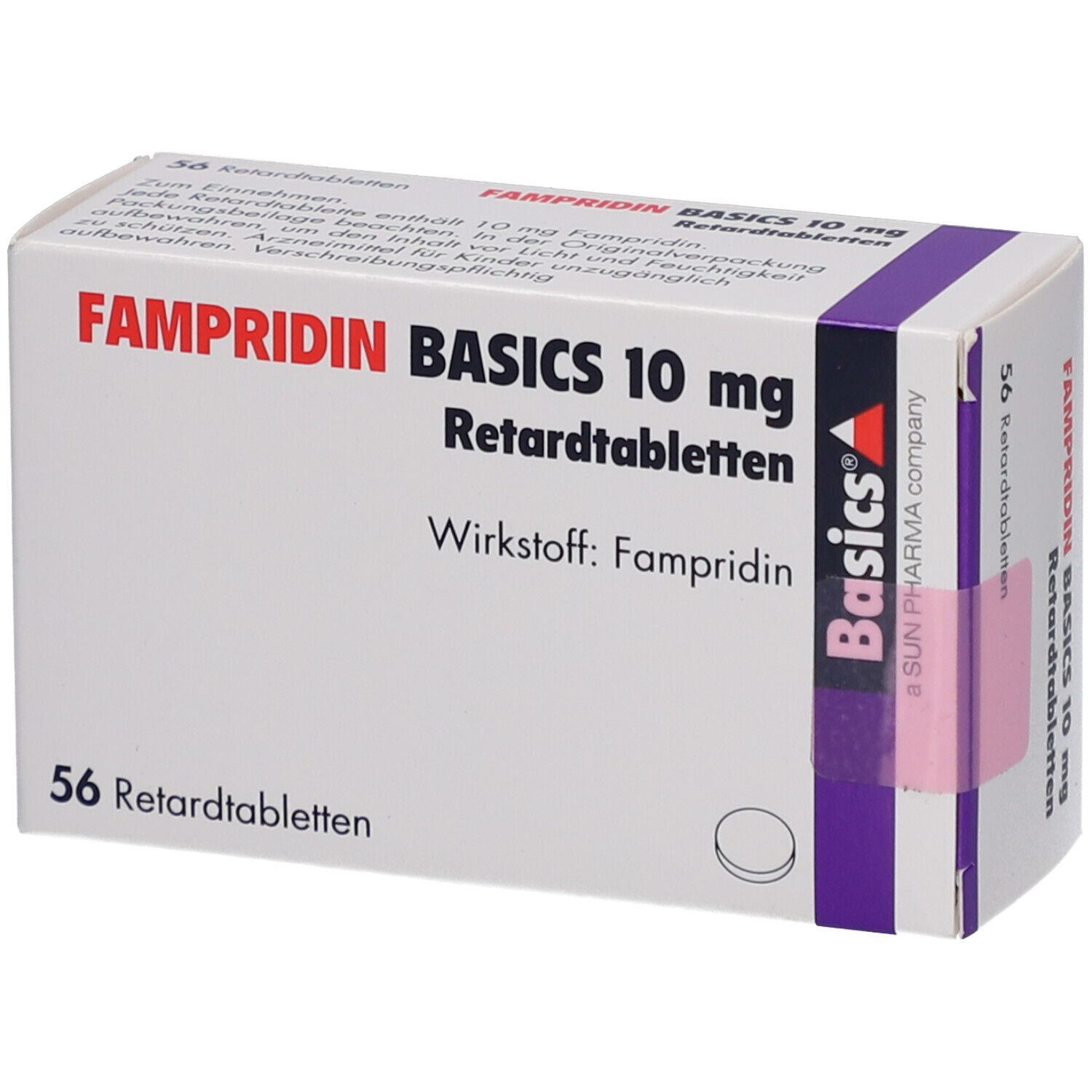 Weiße Faltschachtel mit FAMPRIDIN BASICS 10 mg Retardtabletten. Aufdruck: Wirkstoff Fampiridin, 56 Retardtabletten. Lila Akzent. Basics Logo.