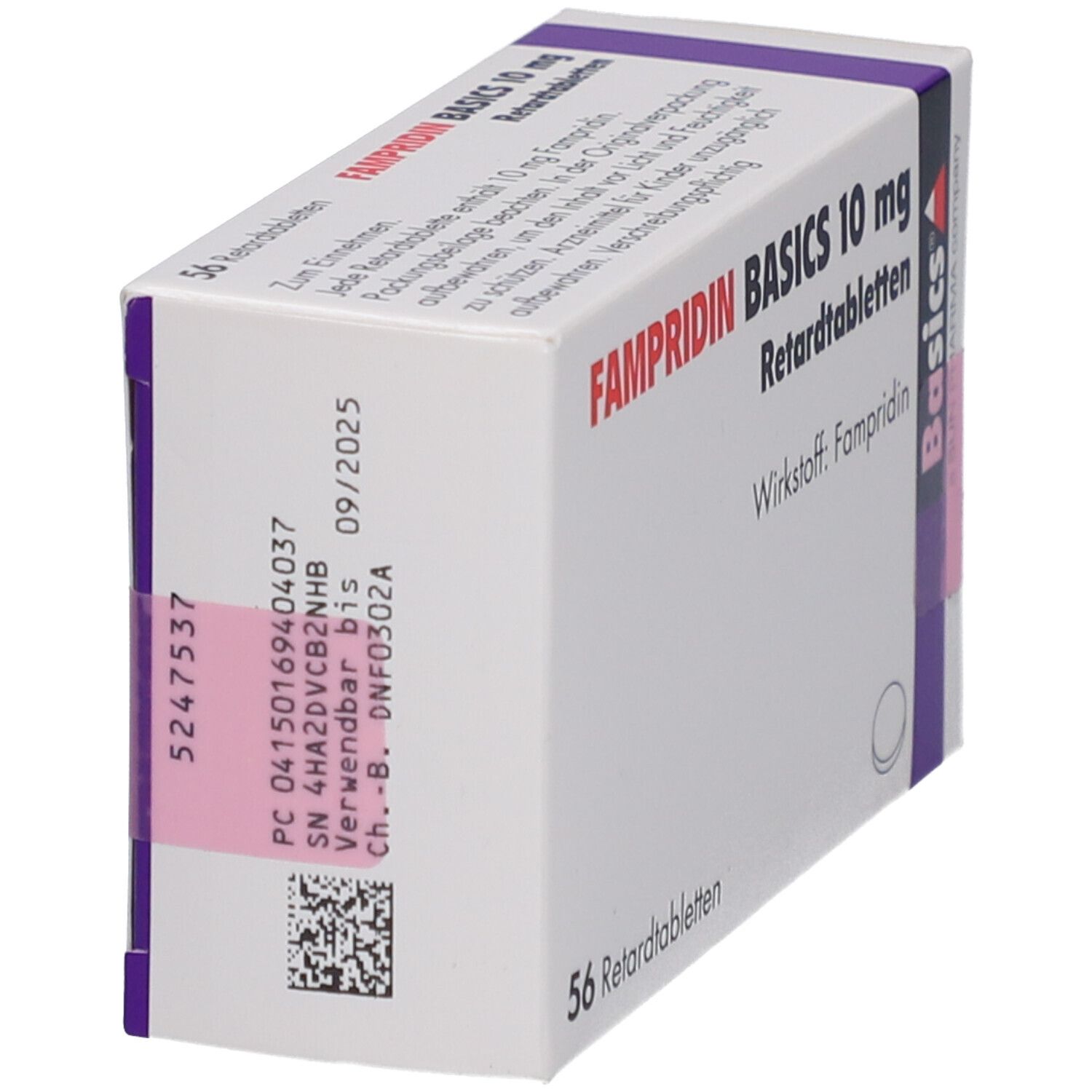 Weiße Faltschachtel mit FAMPRIDIN BASICS 10 mg Retardtabletten. Aufdruck: Wirkstoff Fampiridin, 56 Retardtabletten. Lila Akzent. Basics Logo. Etikett mit Daten.