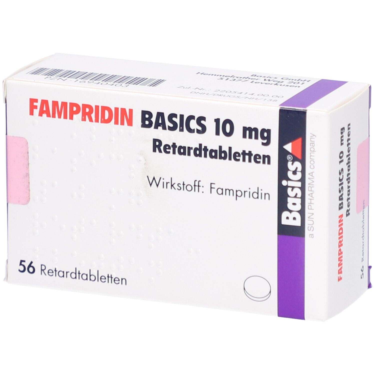 Weiße Faltschachtel mit FAMPRIDIN BASICS 10 mg Retardtabletten. Aufdruck: Wirkstoff Fampiridin, 56 Retardtabletten. Lila Akzent. Basics Logo.