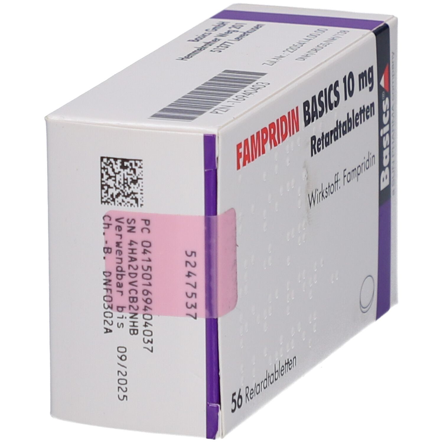 Weiße Faltschachtel mit FAMPRIDIN BASICS 10 mg Retardtabletten. Aufdruck: Wirkstoff Fampiridin, 56 Retardtabletten. Lila Akzent. Etikett mit Daten.