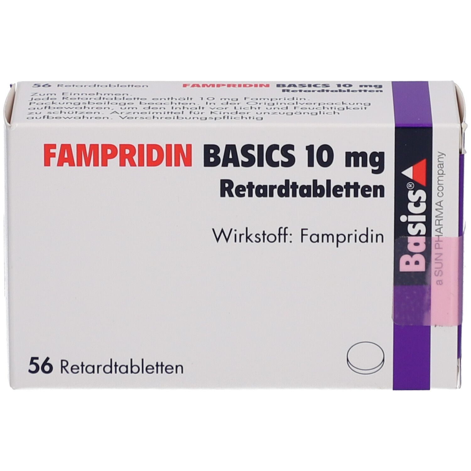 Weiße Faltschachtel mit FAMPRIDIN BASICS 10 mg Retardtabletten. Aufdruck: Wirkstoff Fampiridin, 56 Retardtabletten. Lila Akzent. Basics Logo.