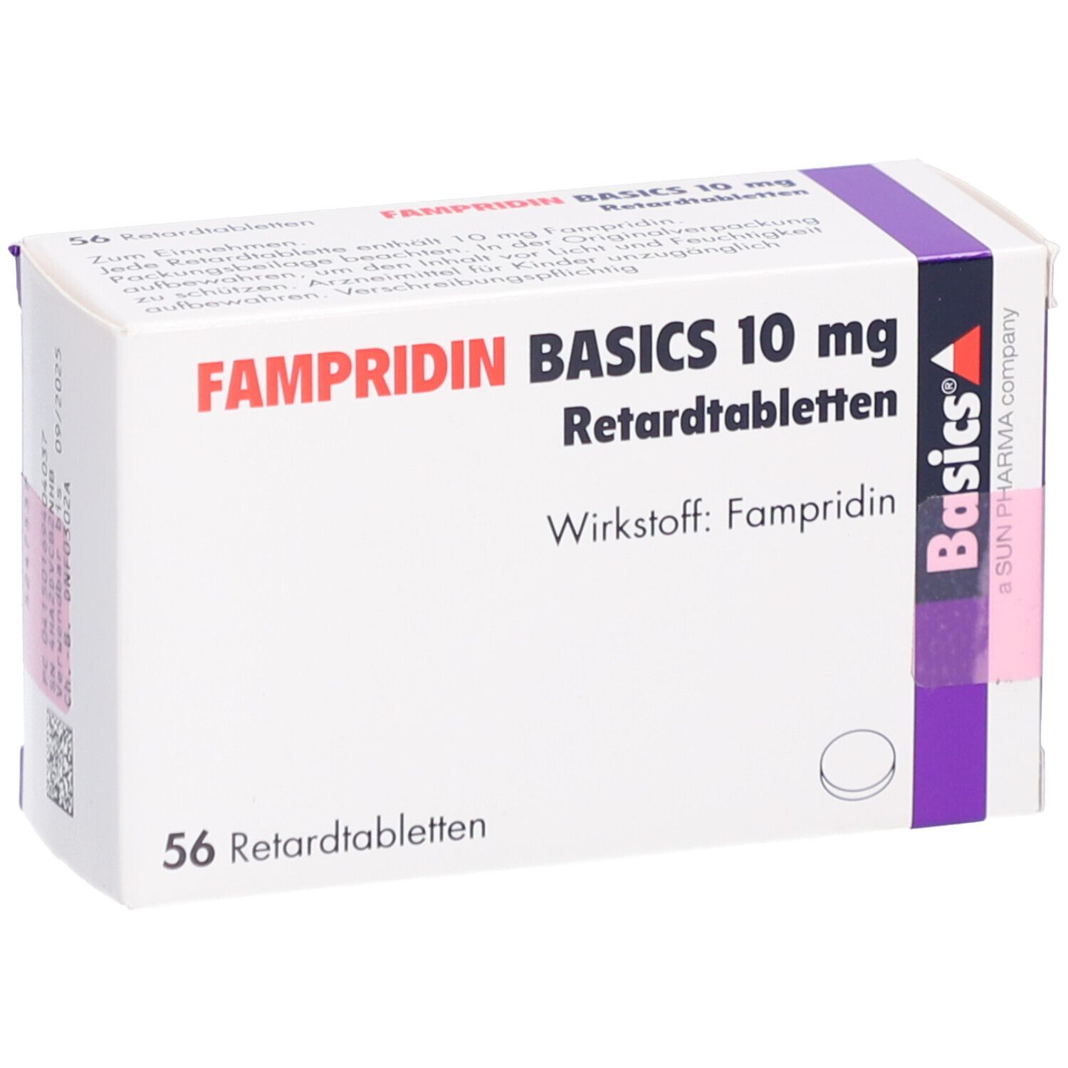 Weiße Faltschachtel mit FAMPRIDIN BASICS 10 mg Retardtabletten. Aufdruck: Wirkstoff Fampiridin, 56 Retardtabletten. Lila Akzent. Basics Logo.
