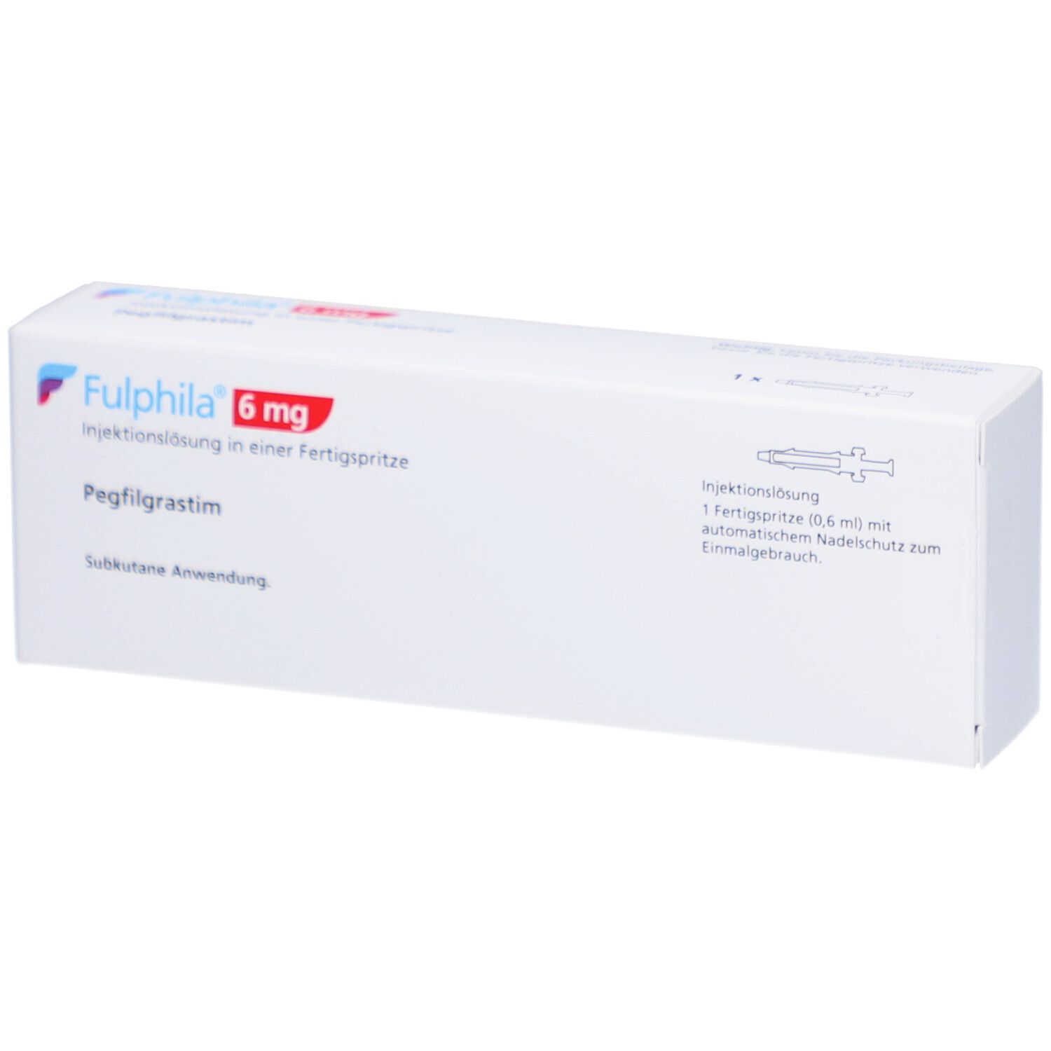 Weiße Faltschachtel mit Aufschrift Fulphila 6 mg. Enthält Fertigspritze. Text in Deutsch.