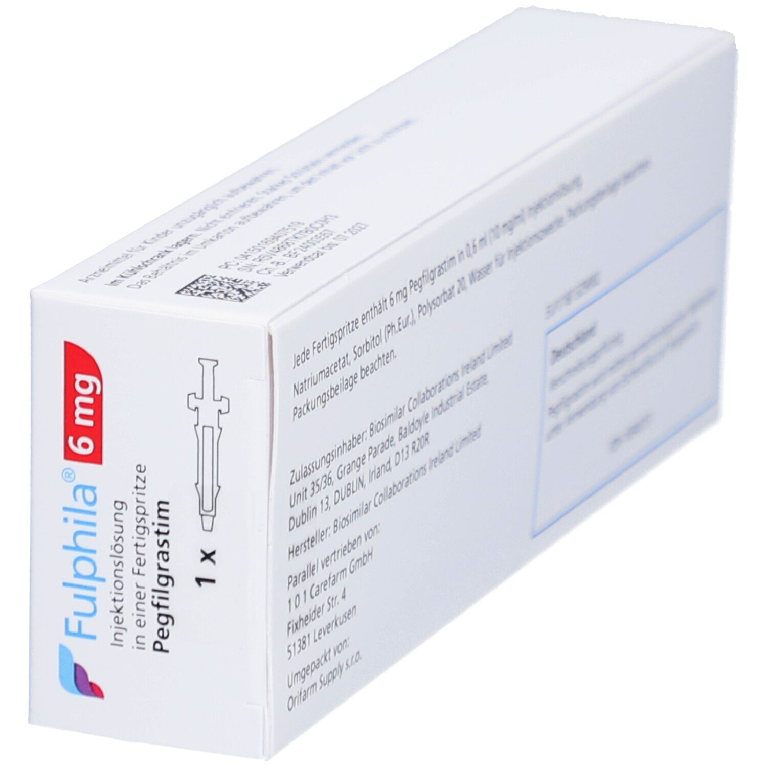 Schräg gestellte Faltschachtel mit Fulphila 6 mg. Enthält Fertigspritze. Text in Deutsch.