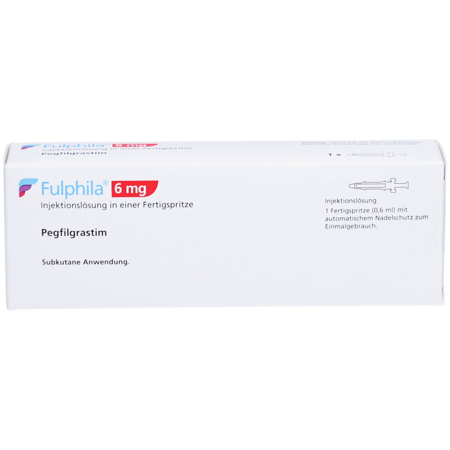 Weiße Faltschachtel mit Aufschrift Fulphila 6 mg. Enthält Fertigspritze. Text in Deutsch.