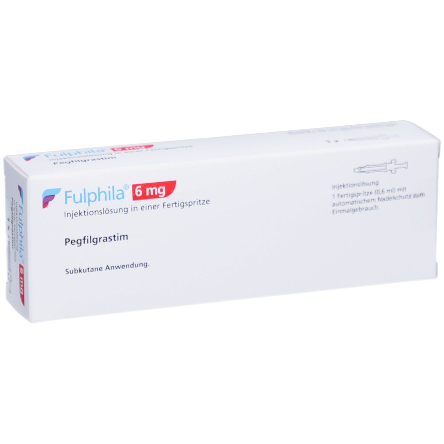 Weiße Faltschachtel mit Aufschrift Fulphila 6 mg. Enthält Fertigspritze. Text in Deutsch.