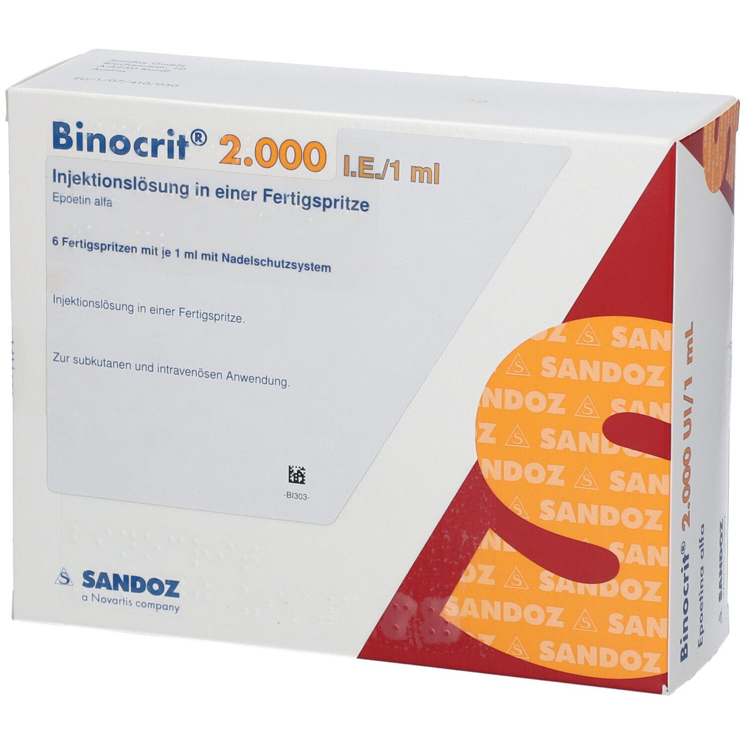 Binocrit 2.000 I.E./1 ml. Karton mit Produktinformationen und Logo. Enthält 6 Fertigspritzen. Sandoz-Logo.
