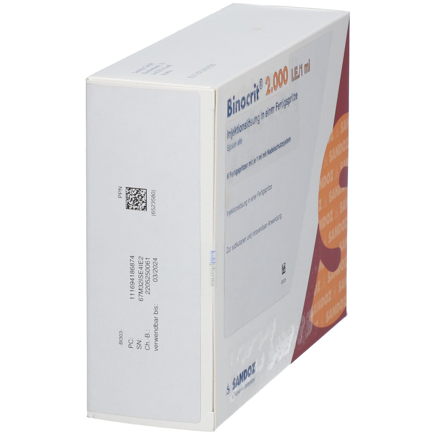 Karton von Binocrit 2.000 I.E./1 ml. Seitenansicht mit Produktinformationen, Barcode und Sandoz-Logo.